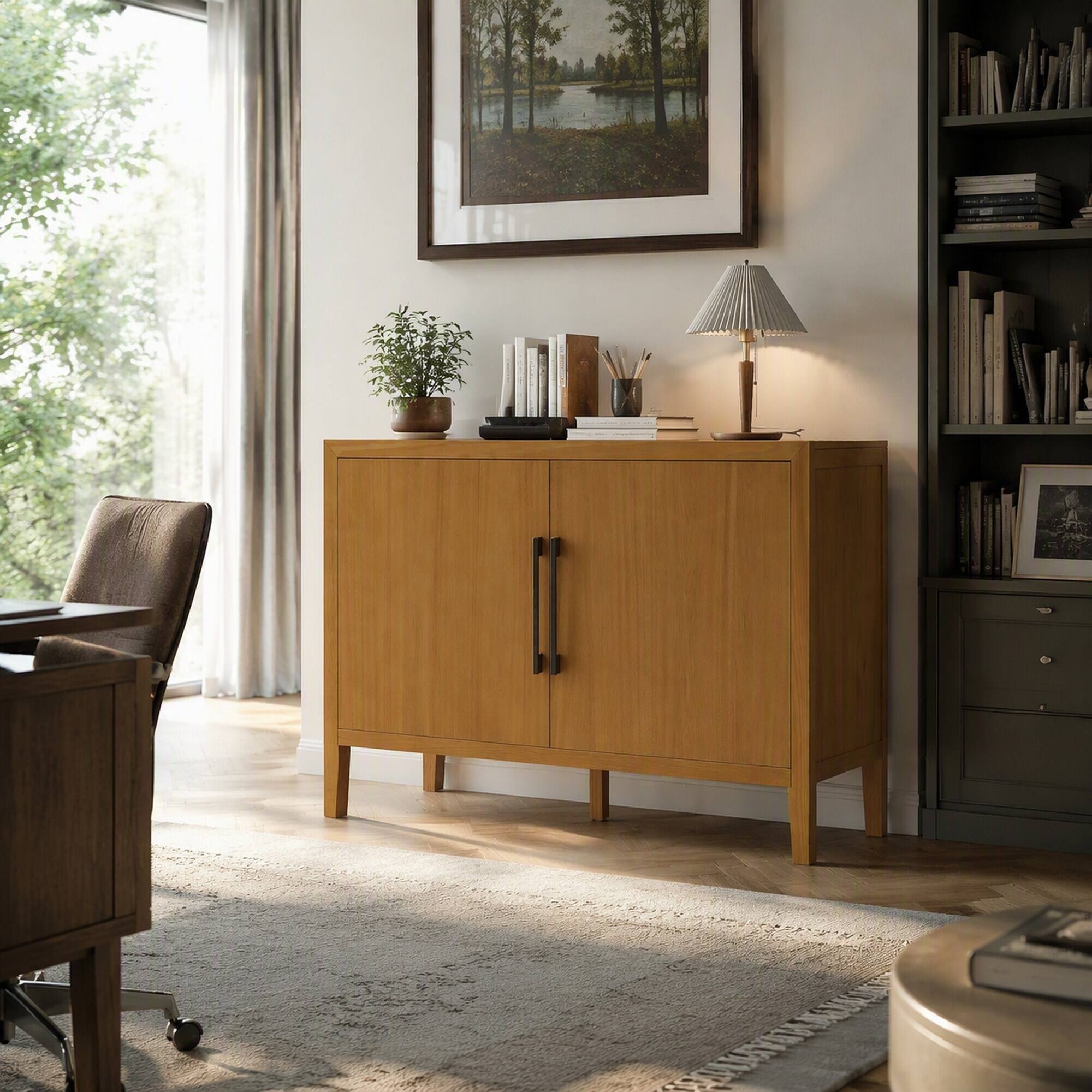Angle. RYHNUYNE - Freestanding 47.25 Inch Farmhouse Sideboard with 2 Doors and Adjustable Feet, Wooden Storage Cabinet - Natural.