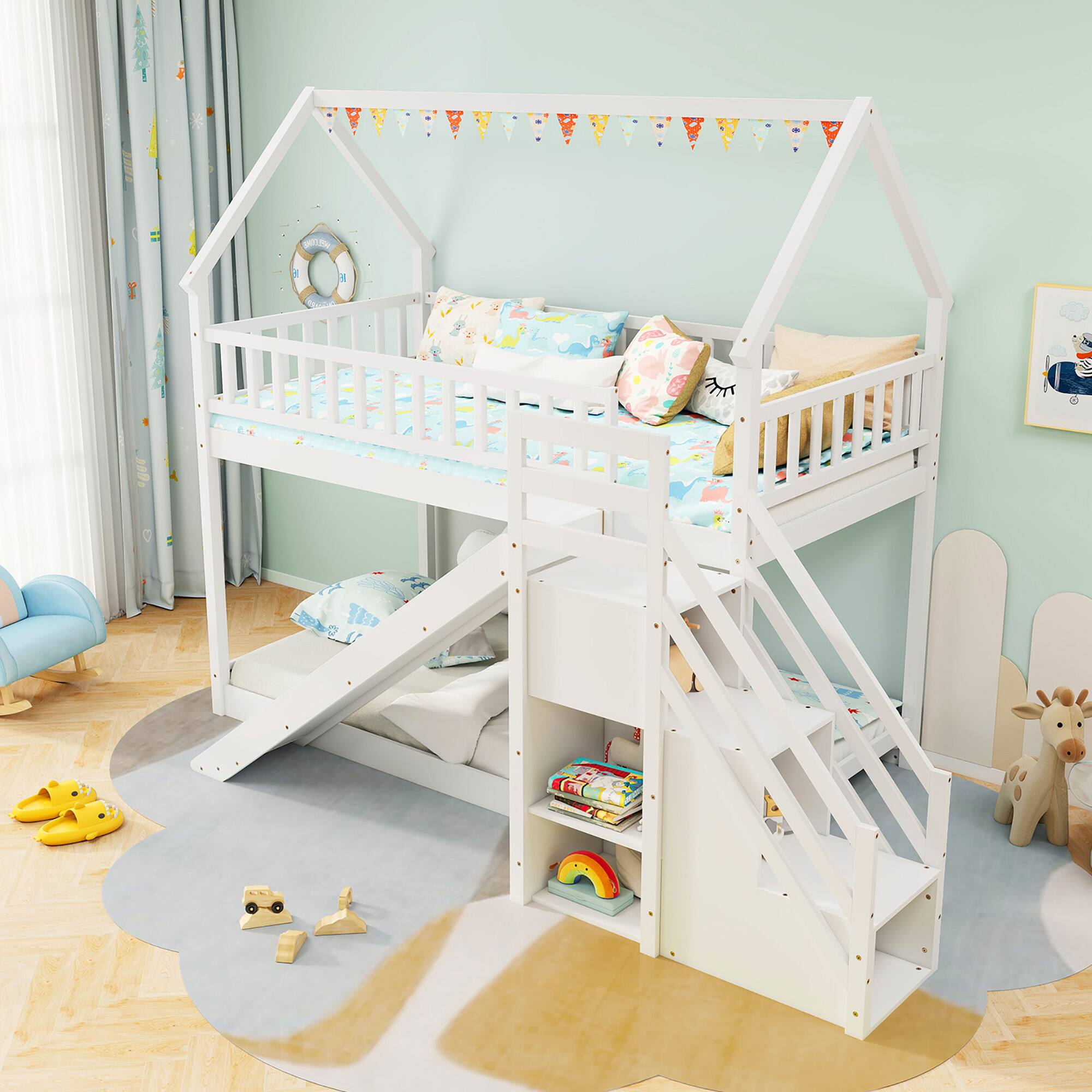 Front. Gymax - Gymax Twin Over Twin Bunk Bed w/Slide & Staircase Storage Compartments for Kids Teens White - White.