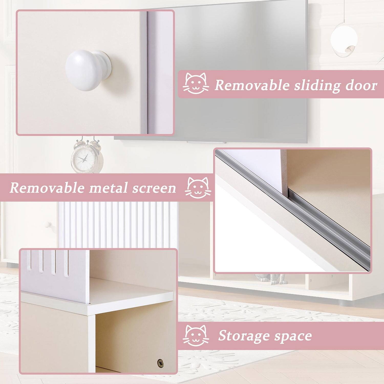 - Removable sliding door
- Removable metal screen
- Storage space