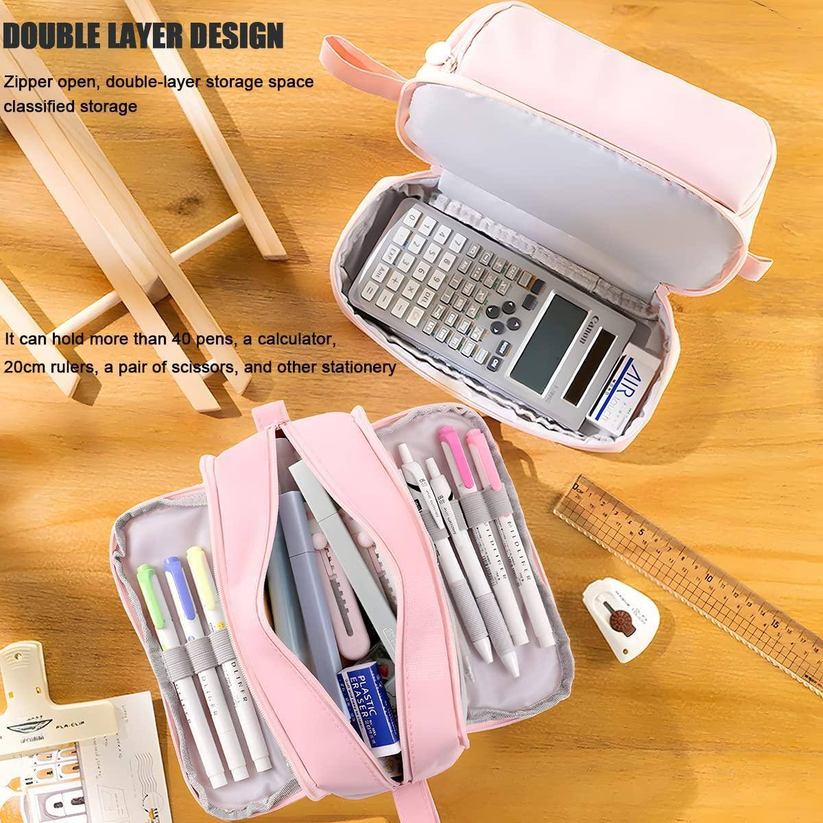 DOUBLE LAYER DESIGN  
Zipper open, double-layer storage space classified storage  

It can hold more than 40 pens, a calculator, 20cm rulers, a pair of scissors, and other stationery