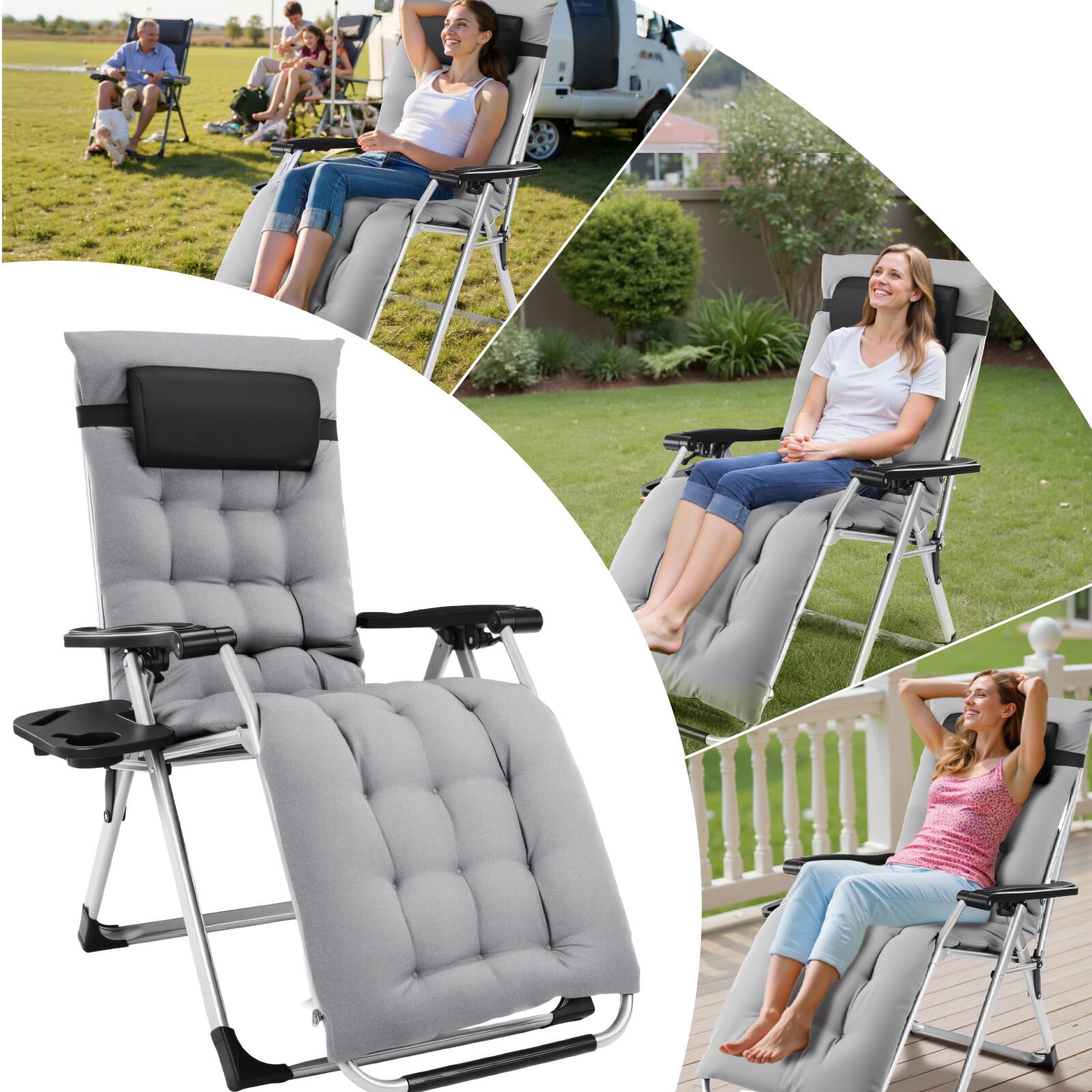 Alt View 1. Bestier - Zero Gravity Chair, Reclining Camping Lounge Chair for Indoor & Outdoor, with Cup Holder Tray & Removable Cushion - Grey.