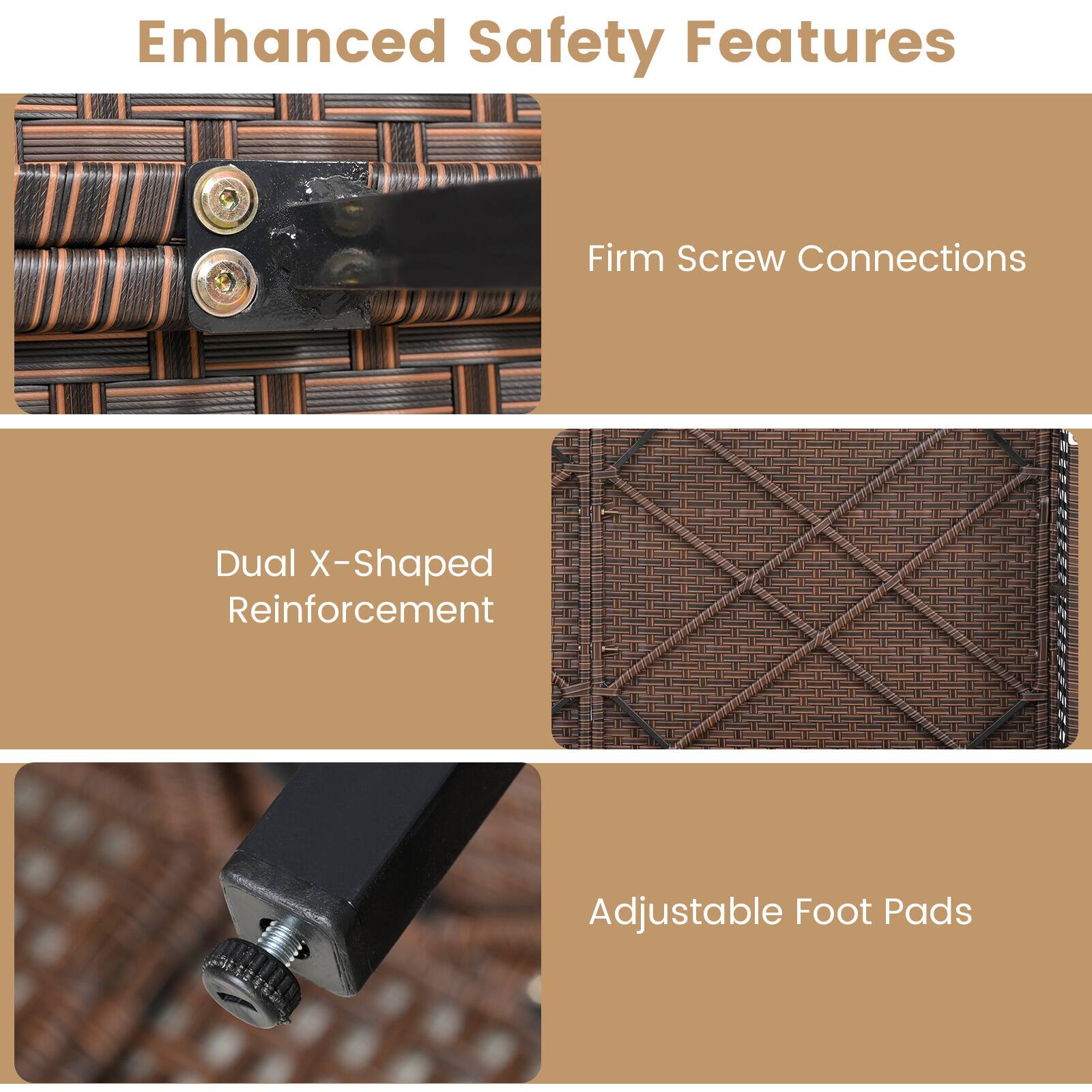 Enhanced Safety Features

- Firm Screw Connections
- Dual X-Shaped Reinforcement
- Adjustable Foot Pads