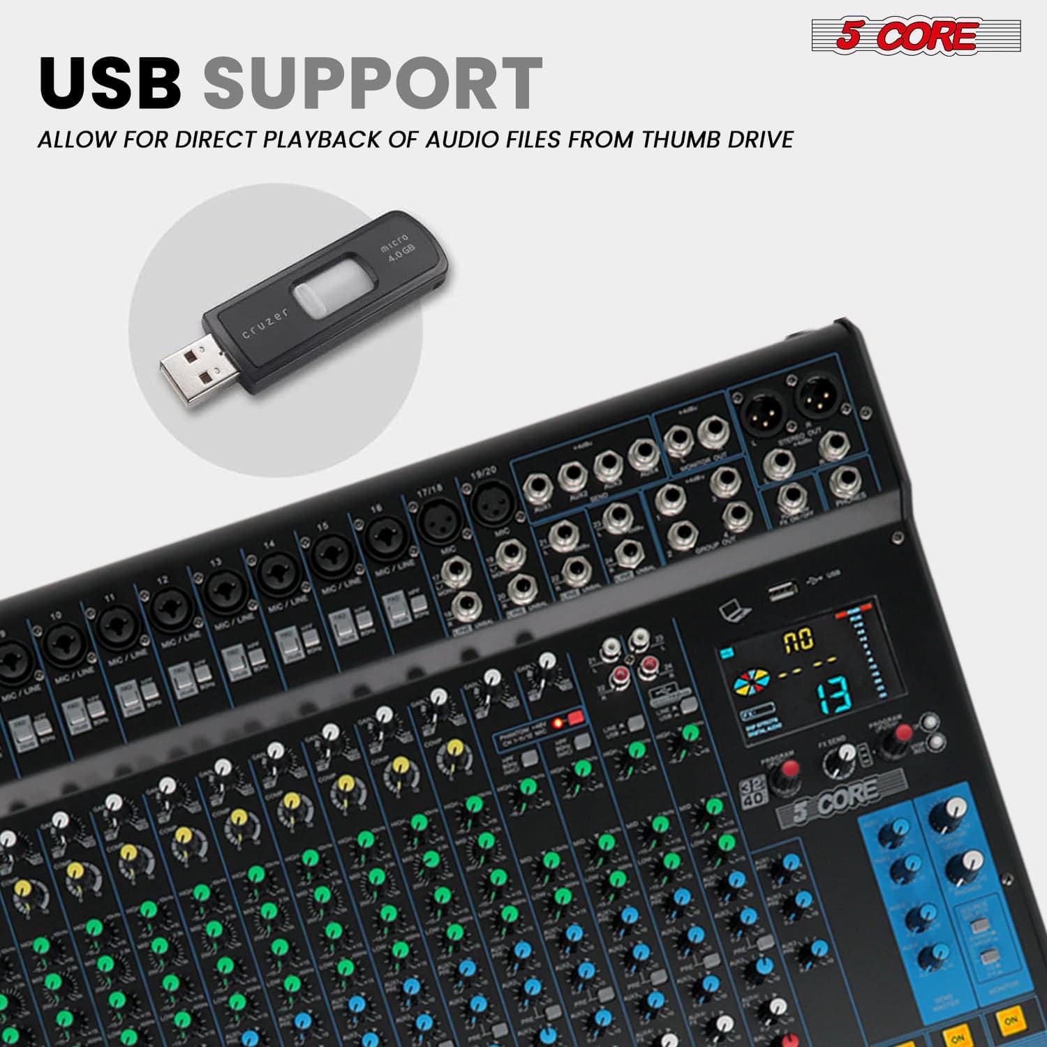 5 CORE Audio Mixer 24 Channel DJ Soundboard USB Interface