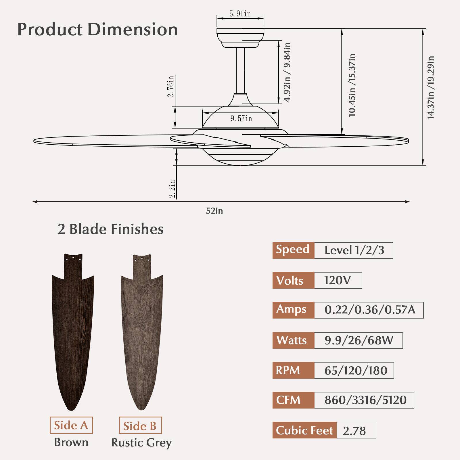 Product Dimension  
- 76in  
- 2.57in  
- 9.57in  
- 9.84in / 4.92in / 15.37in  
- 10.45in / 19.29in  
- 14.37in  
- 2in  

2 Blade Finishes  
- Side A: Brown  
- Side B: Rustic Grey  

Speed Level: 1/2/3  
Volts: 120V  
Amps: 0.22/0.36/0.57A  
Watts: 9.9/26/68W  
RPM: 65/120/180  
CFM: 860/3316/5120  
Cubic Feet: 2.78