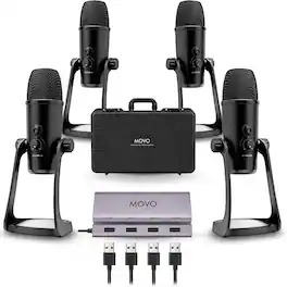 MOVO - 4-Person USB Podcast Equipment Bundle - 4 Condenser Mics, Hub and Case