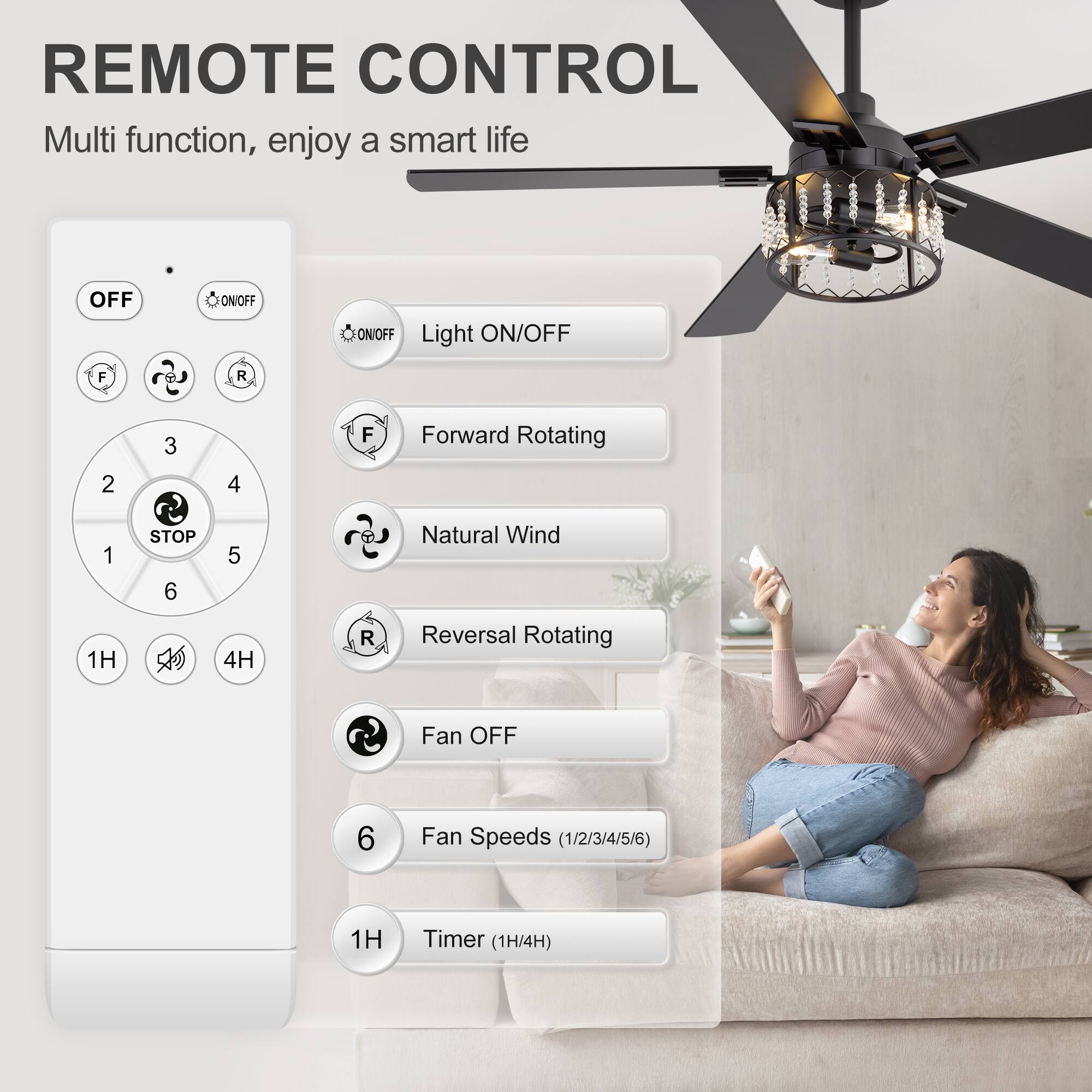 REMOTE CONTROL  
Multi function, enjoy a smart life  

- OFF  
- ON/OFF  
- Light ON/OFF  
- Forward Rotating  
- Natural Wind  
- Reversal Rotating  
- Fan OFF  
- Fan Speeds (1/2/3/4/5/6)  
- Timer (1H/4H)  

1H  
4H