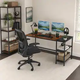 WELLFOR - 55" Industrial Computer Desk with Storage Shelves, Home Office Desk Study Writing Desk - Brown