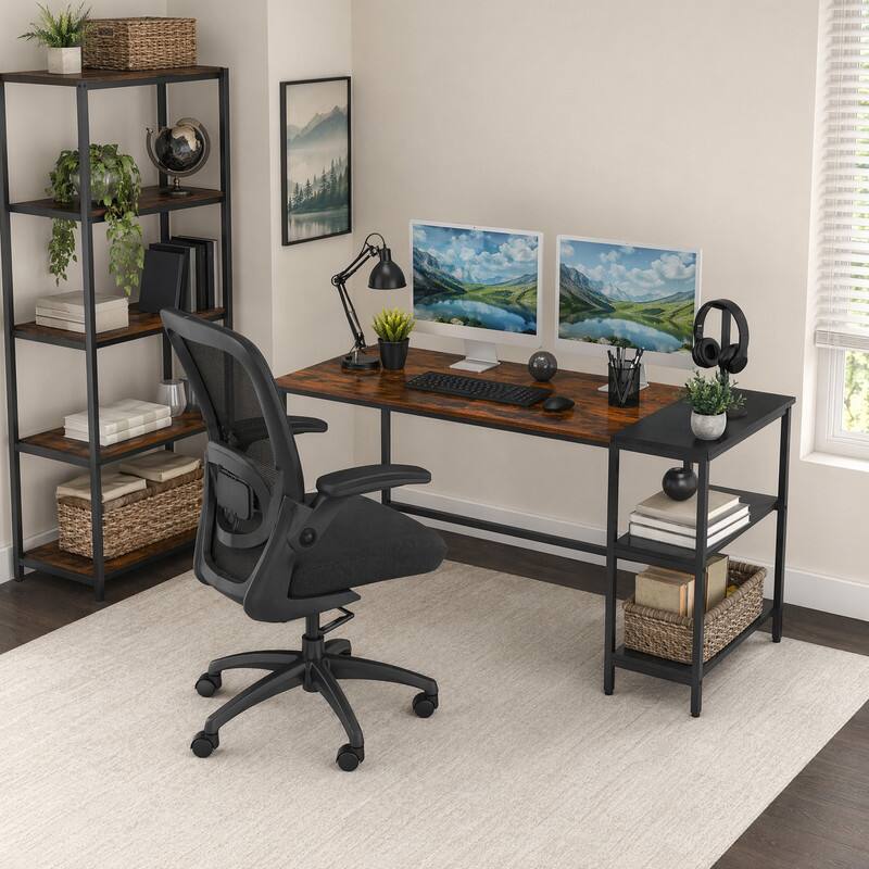 WELLFOR - 55" Industrial Computer Desk with Storage Shelves, Home Office Desk Study Writing Desk - Brown