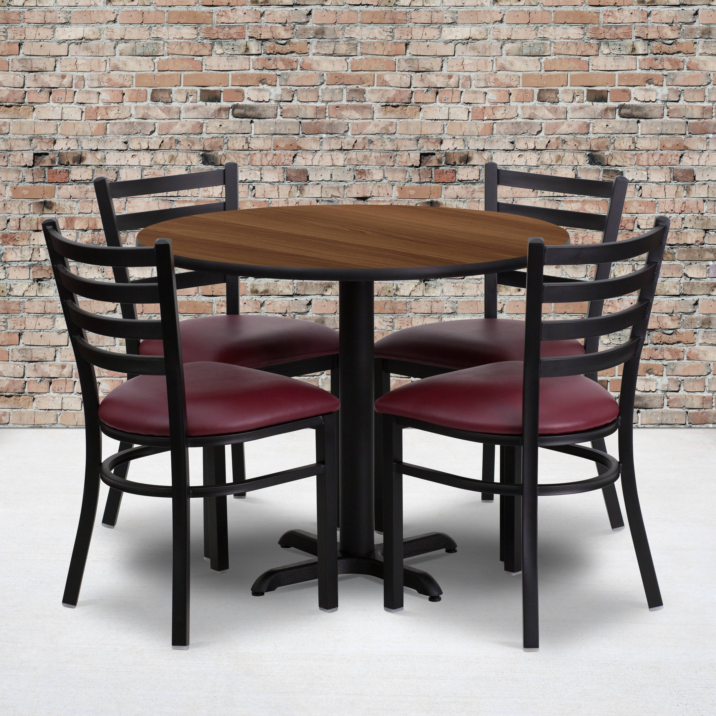 Angle. Flash Furniture - Carlton 36'' Round Walnut Laminate Table Set with X-Base and 4 Ladder Back Metal Chairs - Burgundy Vinyl Seat - Burgundy.