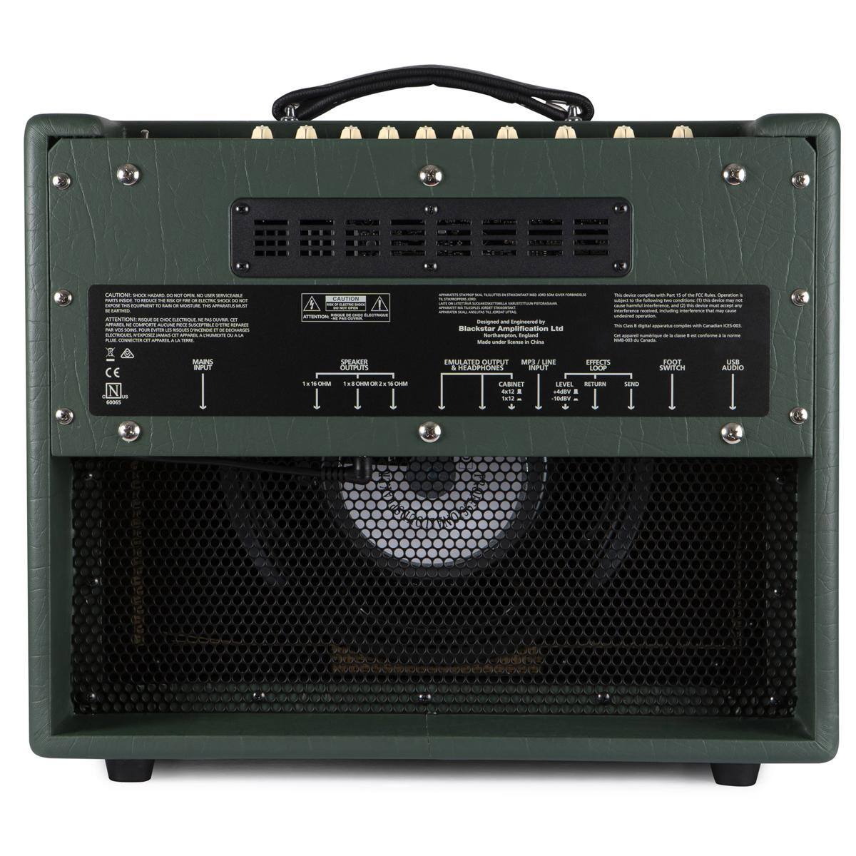 Sure, here is the corrected and grouped text from the image:

---

**Blackstar Amplification Ltd**

**EMULATED OUTPUT**
- HEADPHONES
- CABINET
  - 4x12
  - 2x12
  - 1x12

**MAIN INPUT**
- 1 x 1/4" (6.35mm)

**SPEAKER CUPES**
- 1.0m0

**SPEAKER CUPES**
- 1.0m0

**SLACKSTAR AMPLIFICATION**
- EMULATED OUTPUT
- HEADPHONES & CABINET LEVEL RETURN
- EFFECTS LEVEL RETURN
- MIDI / LINE INPUT
- CABINET
  - 4x12
  - 2x12
  - 1x12

**FOOT SWITCH**
- USE OIDDA

**USB AUDIO**

**CAUTION**
- DO NOT USE WITH BRANDED CABLES
- DO NOT USE WITH CABLES THAT HAVE A PLUG ON BOTH ENDS
- DO NOT USE WITH CABLES THAT HAVE A PLUG ON BOTH ENDS
- DO NOT USE WITH CABLES THAT HAVE A PLUG ON