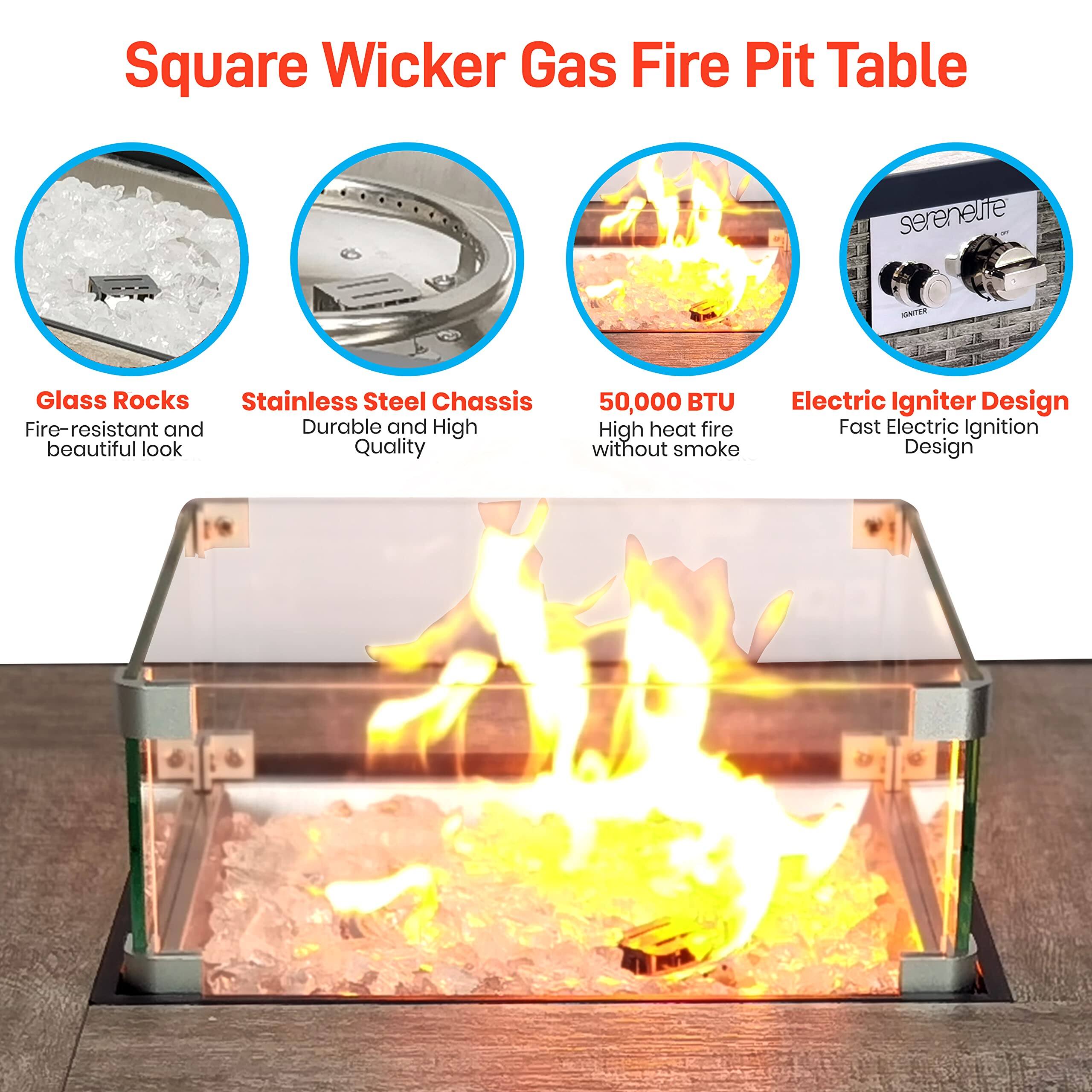 Square Wicker Gas Fire Pit Table

- Glass Rocks: Fire-resistant and beautiful look
- Stainless Steel Chassis: Durable and High Quality
- 50,000 BTU: High heat fire without smoke
- Electric Igniter Design: Fast Electric Ignition Design