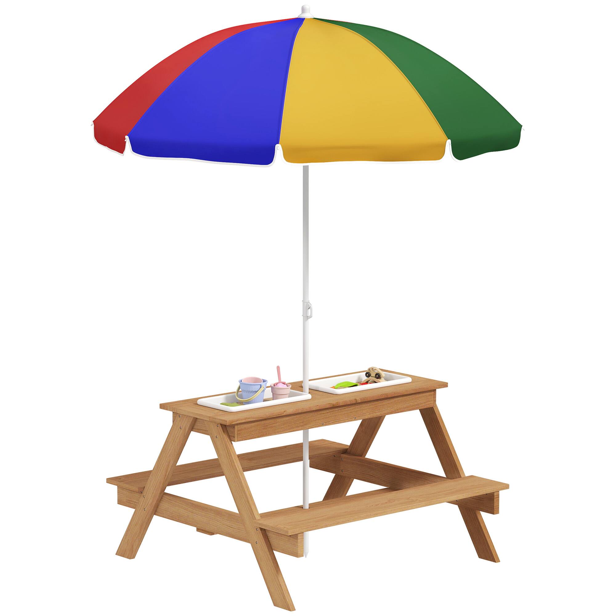 Front. Qaba - Kids Picnic Table, Wooden Outdoor Table & Bench Set with Removable Umbrella, Children Sand/Water Activity Table - Mixed Color.