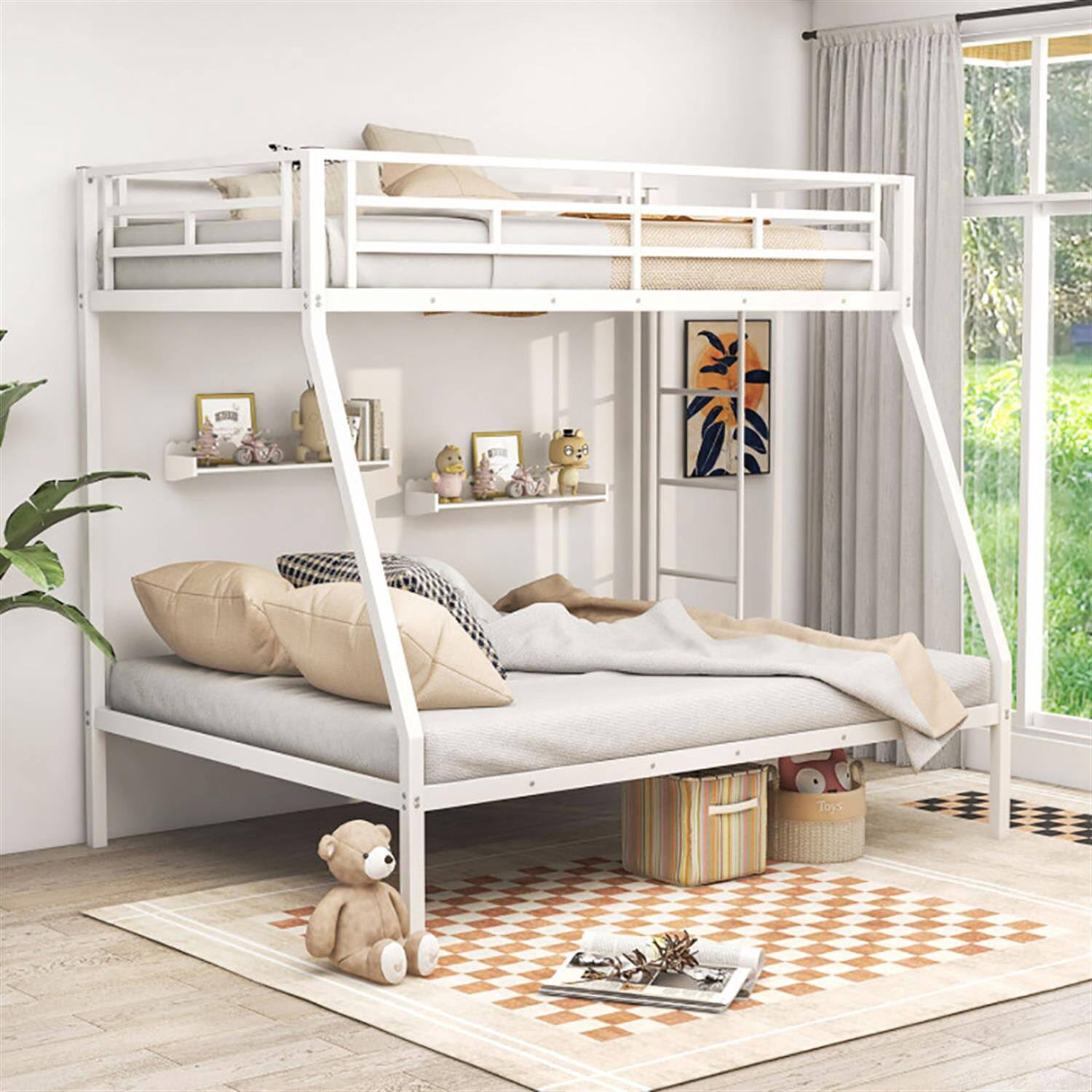 Alt View 1. Pefilos - Twin Over Full Bunk Bed with Safety Rail and Ladder, Twin Bunk Beds, Space-saving Metal Slatted Bed Frame, No Box Spring - White.