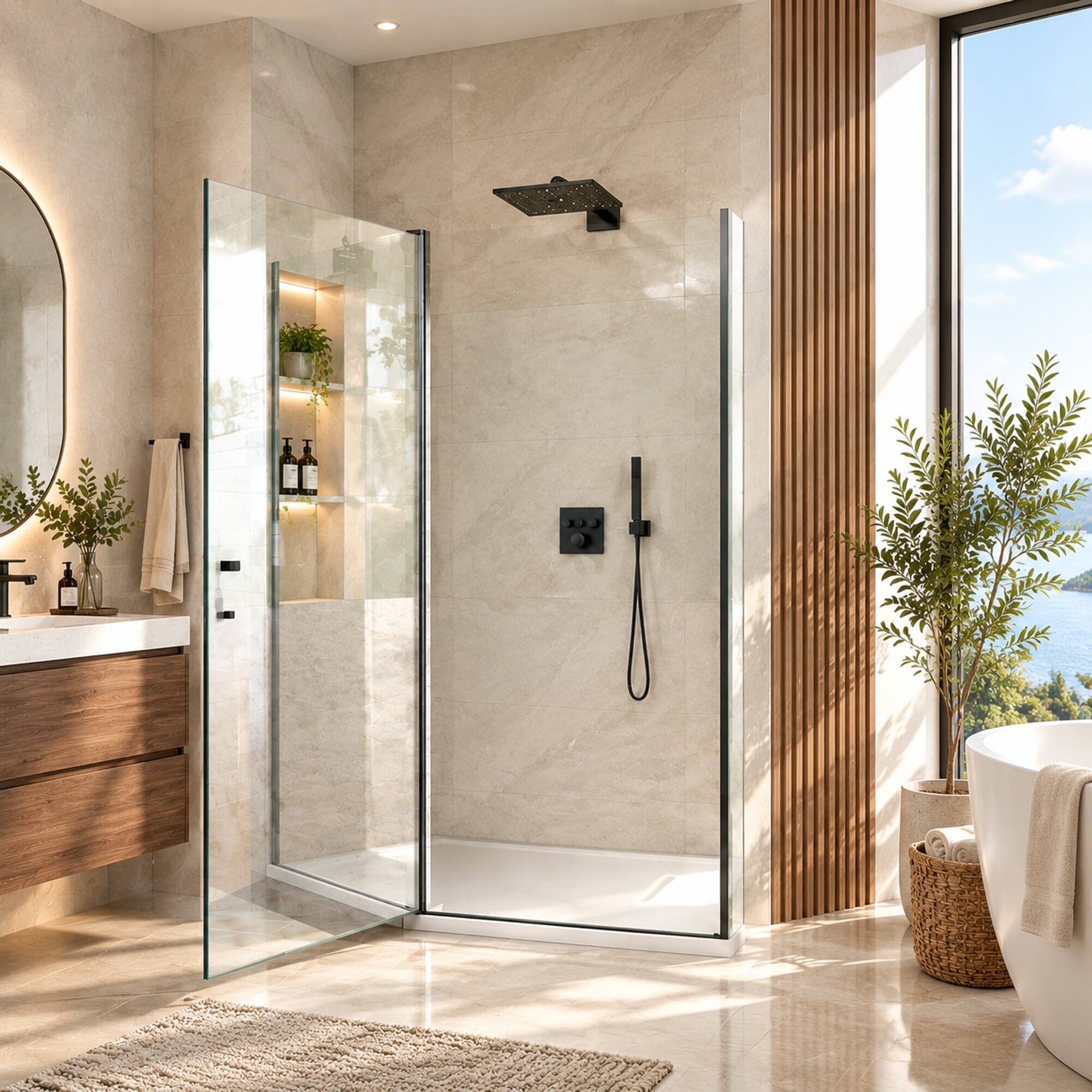 Angle. RYHNUYNE - 34 In W X 72 In H Semi-Frameless Circular Pivot Shower Door, 1/4 In Clear Tempered Glass Matte Black Finish - Matte Black.