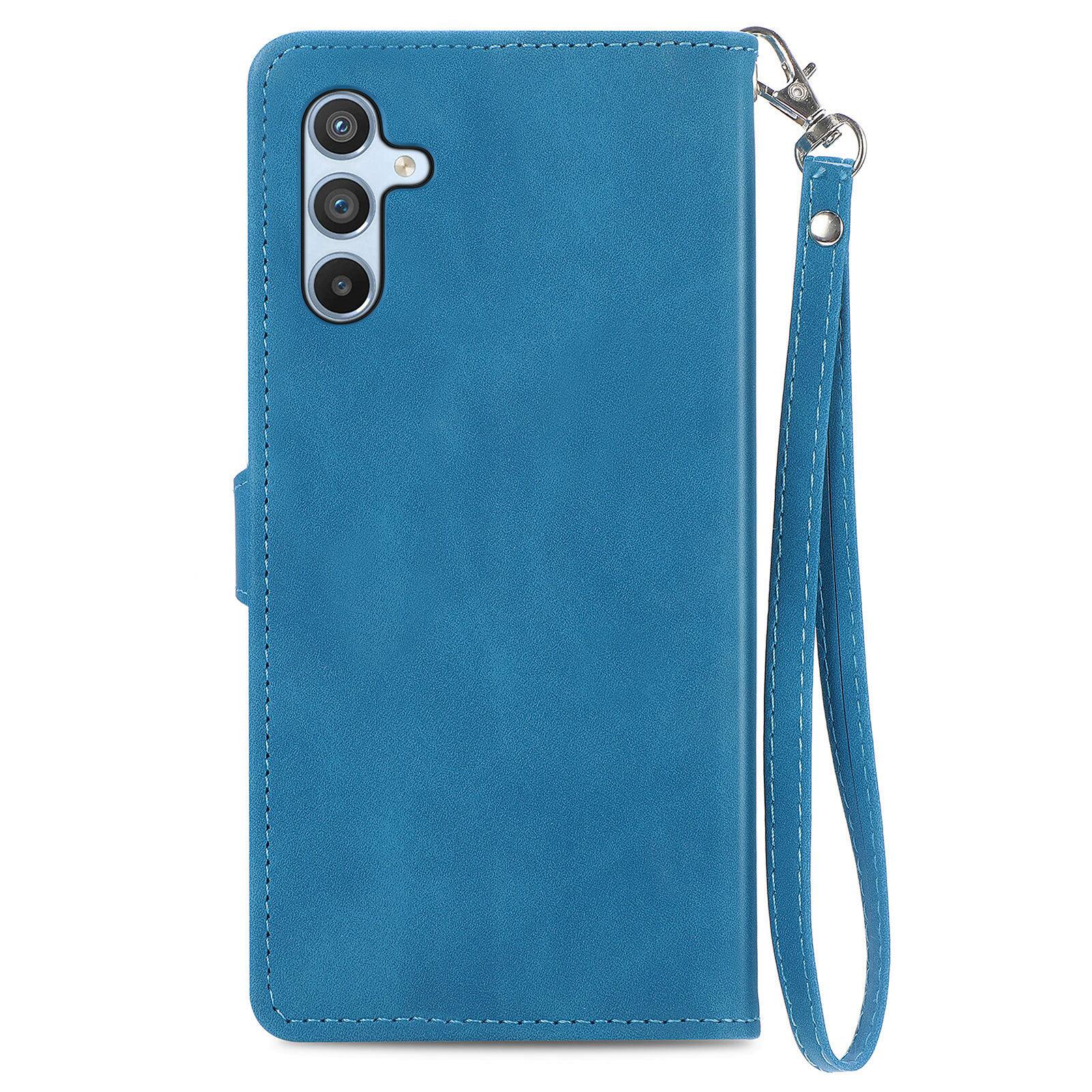 Left. Dteck - for Samsung Galaxy A14 5G Wallet Case,Folio Shockproof PU Leather Card Holder Cover with Zipper Pocket & Wrist Strap - Blue.