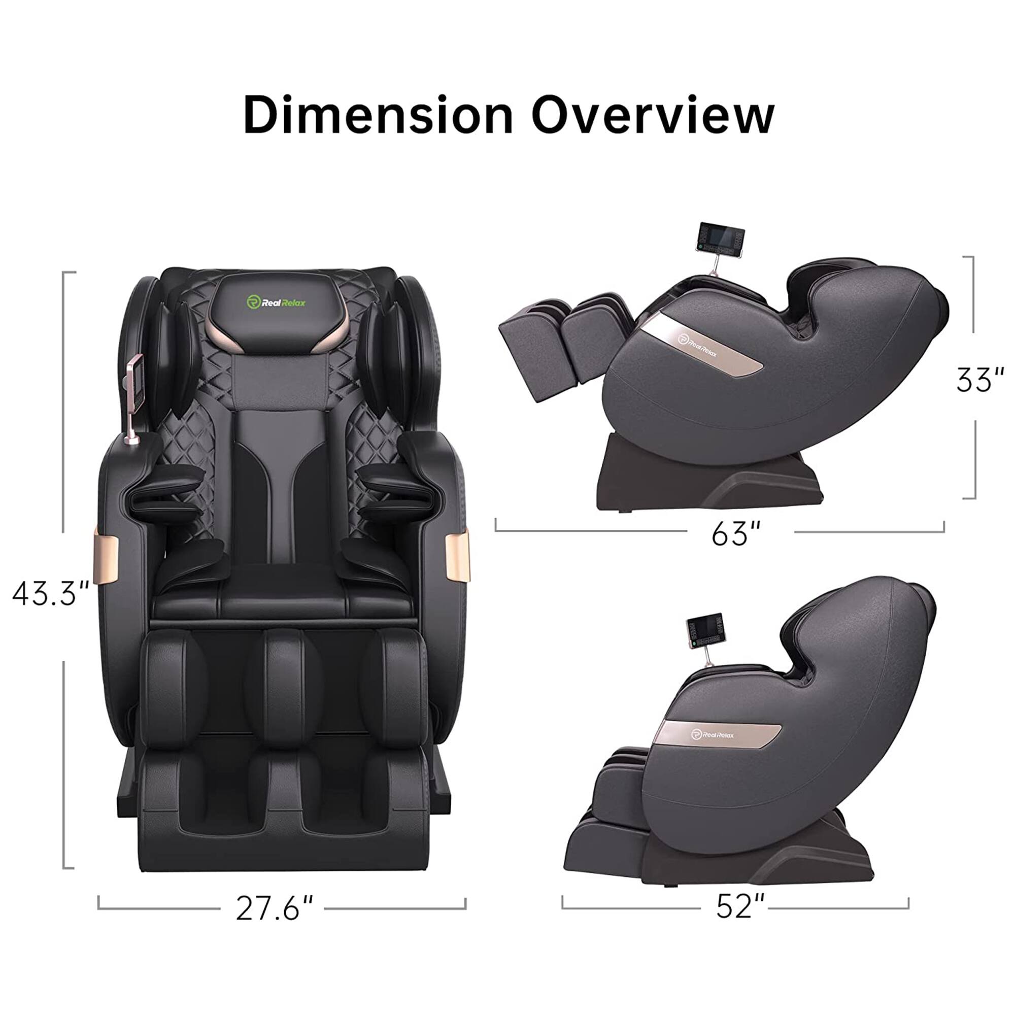 Dimension Overview

- Height: 43.3"
- Width: 63"
- Depth: 33"
- Seat Width: 27.6"
- Footrest Length: 52"