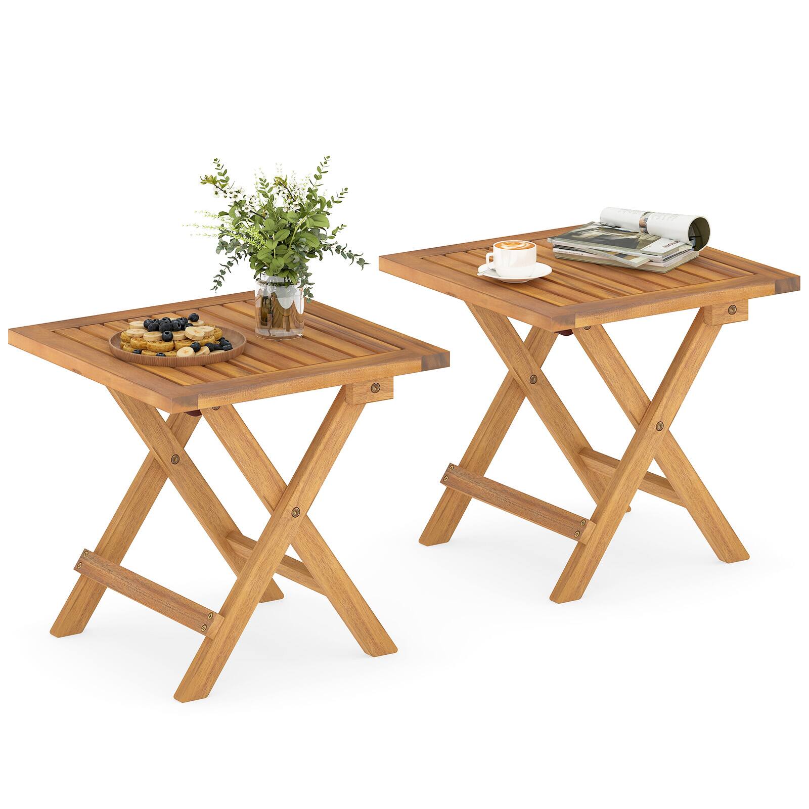 Front. Gymax - Gymax 2 PCS Outdoor Folding Side Table Acacia Wood End Table Square Patio Bistro Table - Yellow.