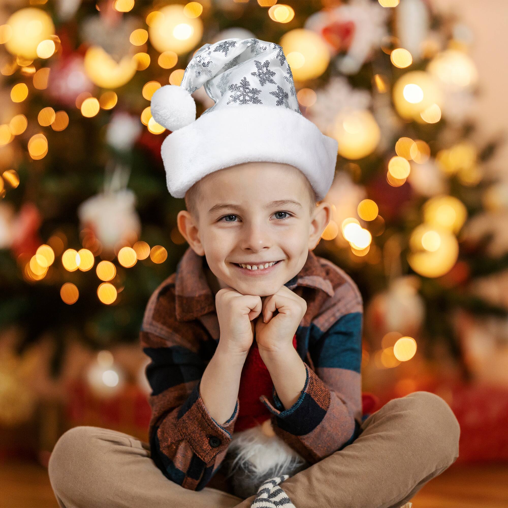 Front. Northlight - 21" Silver and White Sequin Snowflake Christmas Santa Hat - Medium - White.