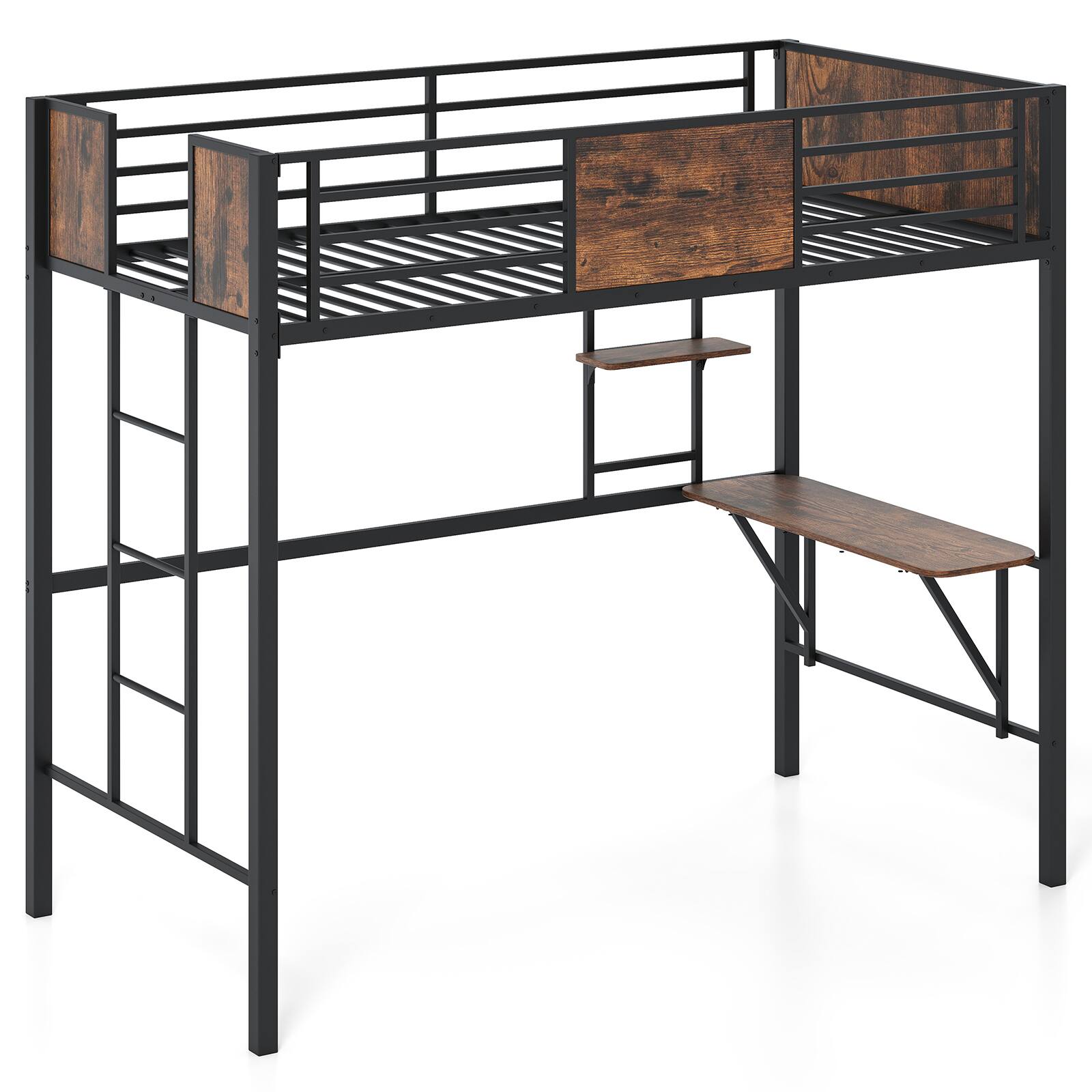 Alt View 9. Gymax - Gymax Twin Loft Bed w/ Desk Heavy-Duty Metal Bed Frame w/ Safety Guardrail & Ladder - Brown.