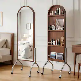 Whisen - Arched Full Length Floor Mirror with Rolling Storage Shelves,Bookcase and Wheels - Walnut