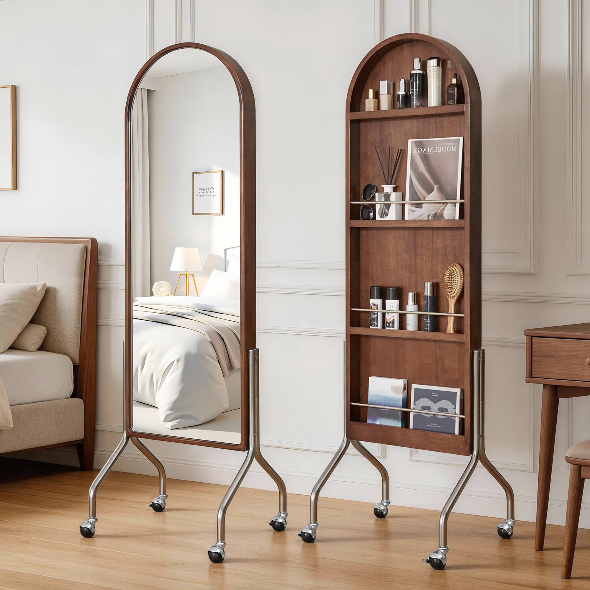 Front. Whisen - Arched Full Length Floor Mirror with Rolling Storage Shelves,Bookcase and Wheels - Walnut.