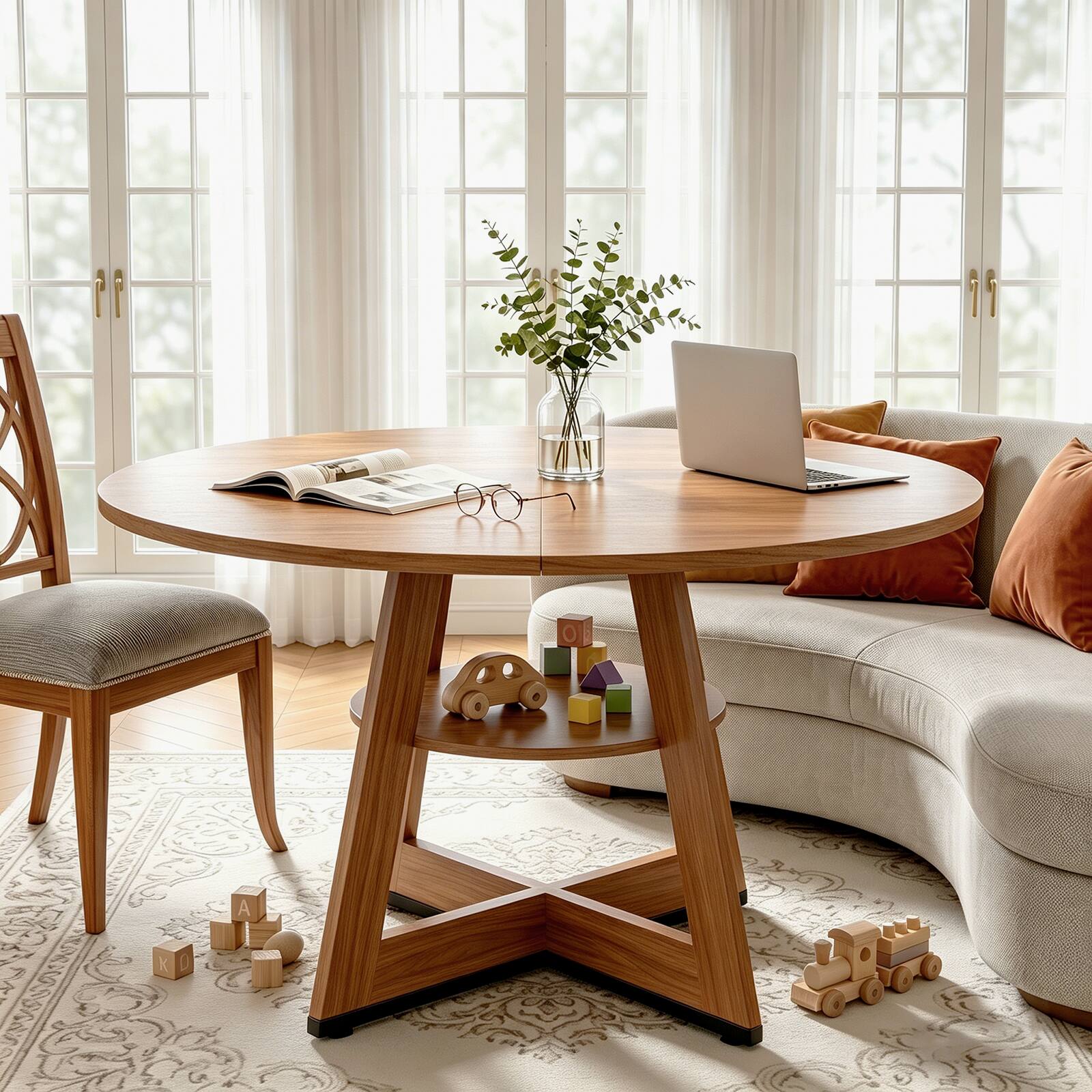 Alt View 1. Bestier - Modern Dining Table with Built-in Storage, Stable Triangular Base, Metal-Accented Legs - Brown Oak.