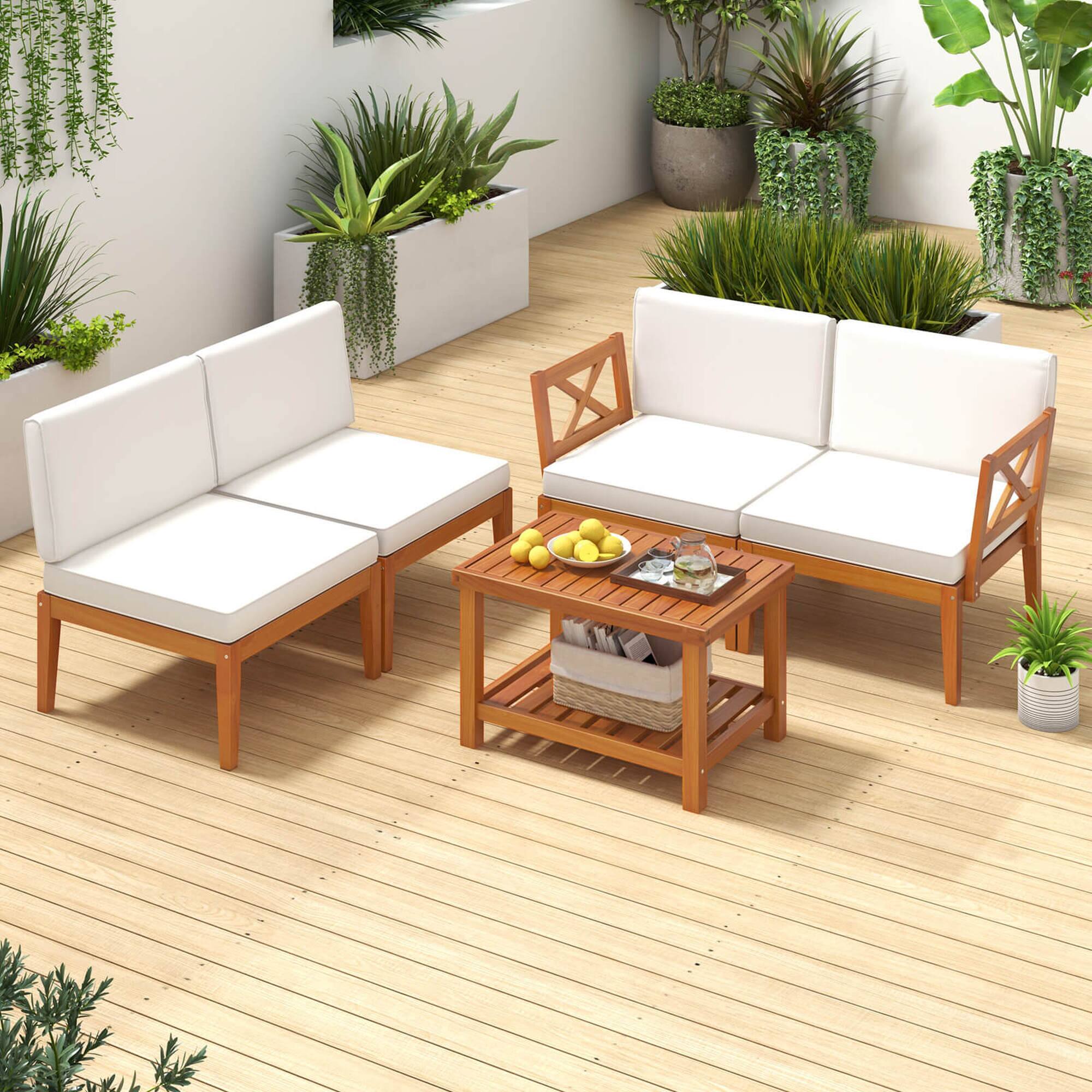 Alt View 1. Costway - 5 PCS Acacia Wood Patio Furniture Set with Cushions and 2-Tier Coffee Table - Off White,Natural.