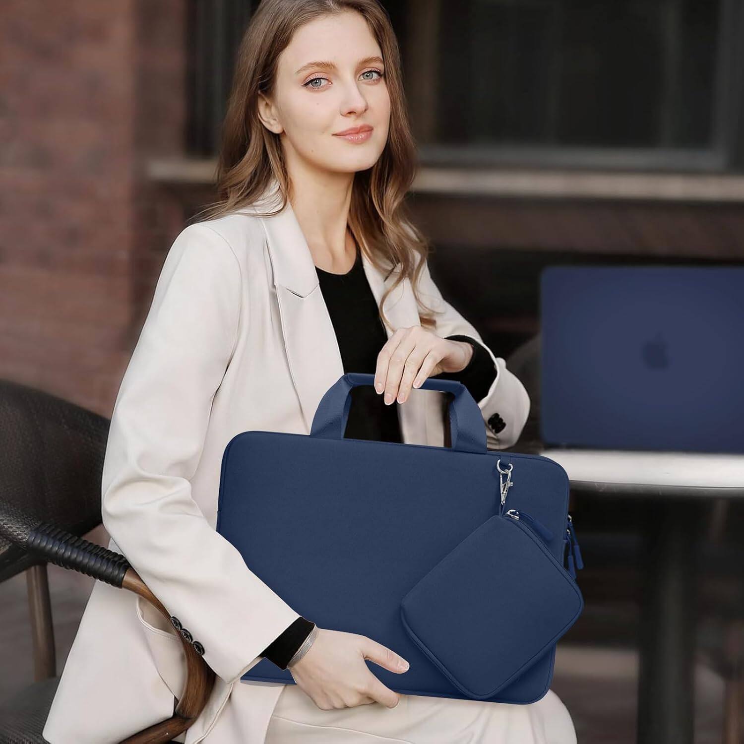 Alt View 2. mosiso - Neoprene Laptop Sleeve 13-13.3 inch, Computer Carrying Case with Handle & Pouch for MacBook Air Pro 13 14 HP Dell ASUS - Navy Blue.
