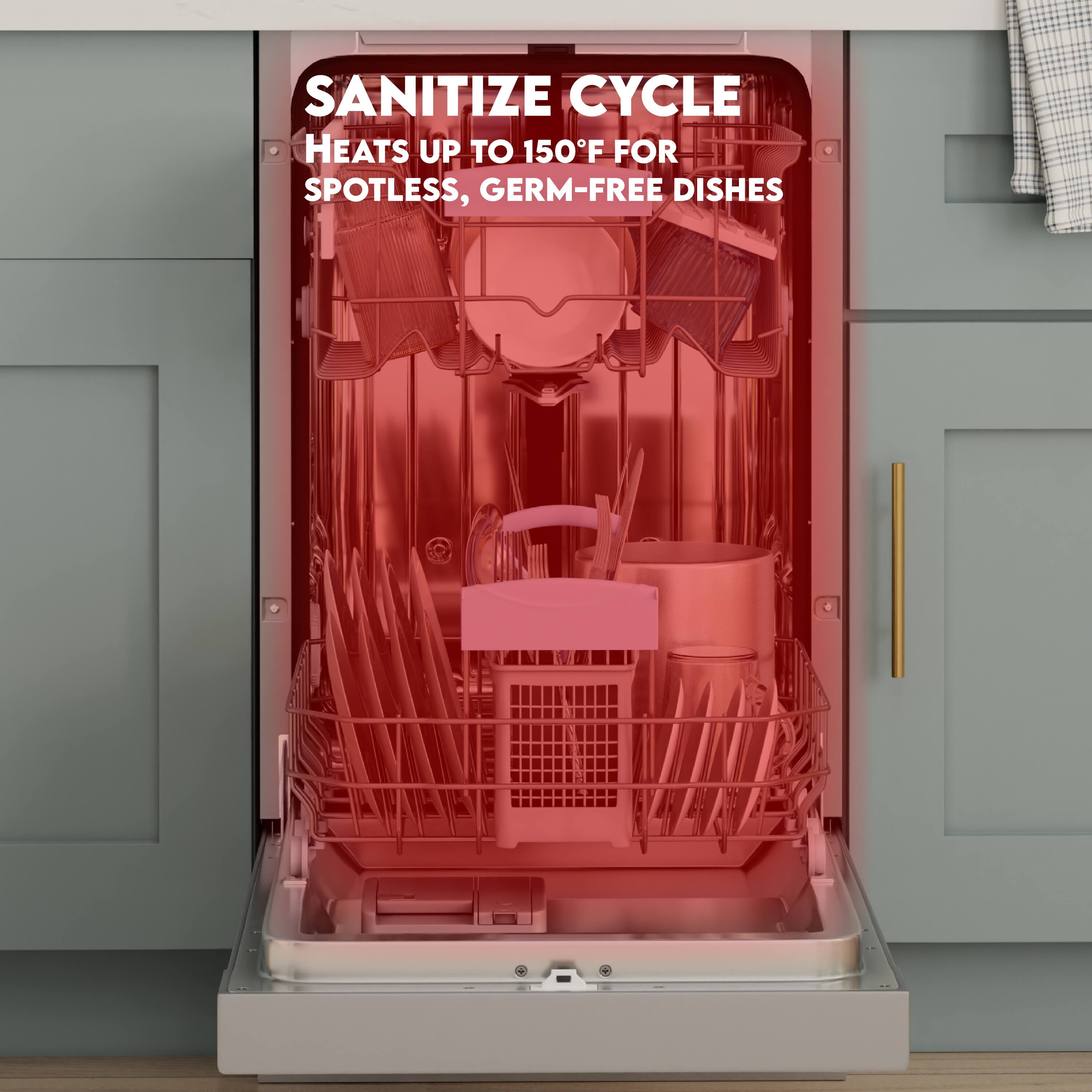 SANITIZE CYCLE  
HEATS UP TO 150°F FOR SPOTLESS, GERM-FREE DISHES