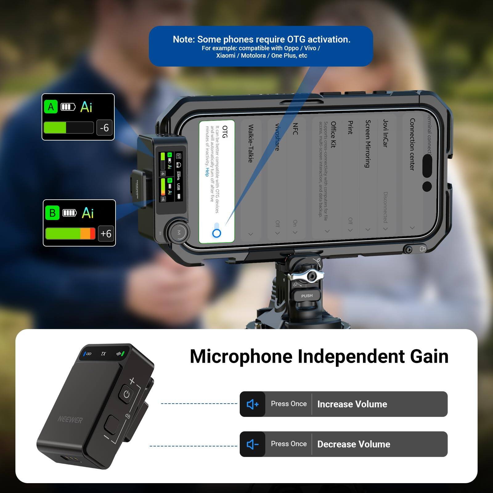 Note: Some phones require OTG activation. For example: compatible with Oppo / Vivo Xiaomi / Motorola / One Plus, etc.

A: Ai -6
B: Ai +6

OTG sagnume I te il automatical better J Help i compatible WEh OTG BAU devices Walkie-Talkie vivoshare NFC R Supports Office Kit multi-screen 00-19010 interact - with meppur computens backup. 2 the Print Ofl Screen Mirroring Jovi InCar Disconnected Connection center erminal connect PUSH Microphone Independent Gain NEEWER 4 + Press Once Increase Volume Press Once Decrease Volume