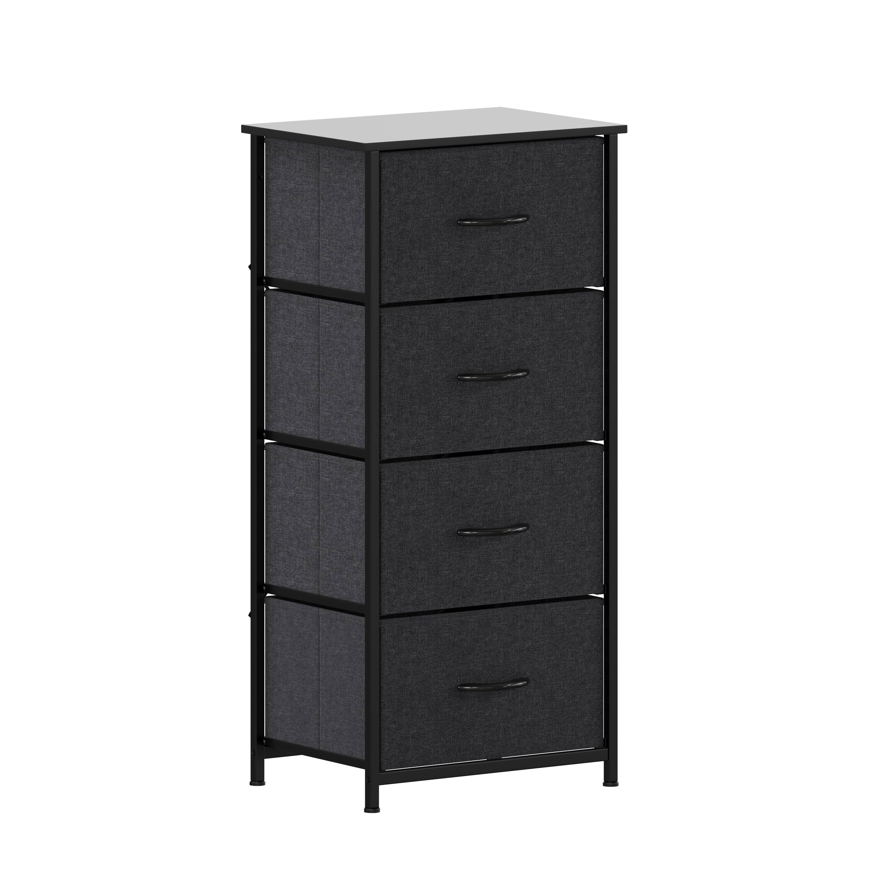 Front. Emma + Oliver - Marley 4 Drawer Storage Dresser with Cast Iron Frame, Wood Top and Easy Pull Fabric Drawers with Wooden Handles - Black Drawers/Black Frame.
