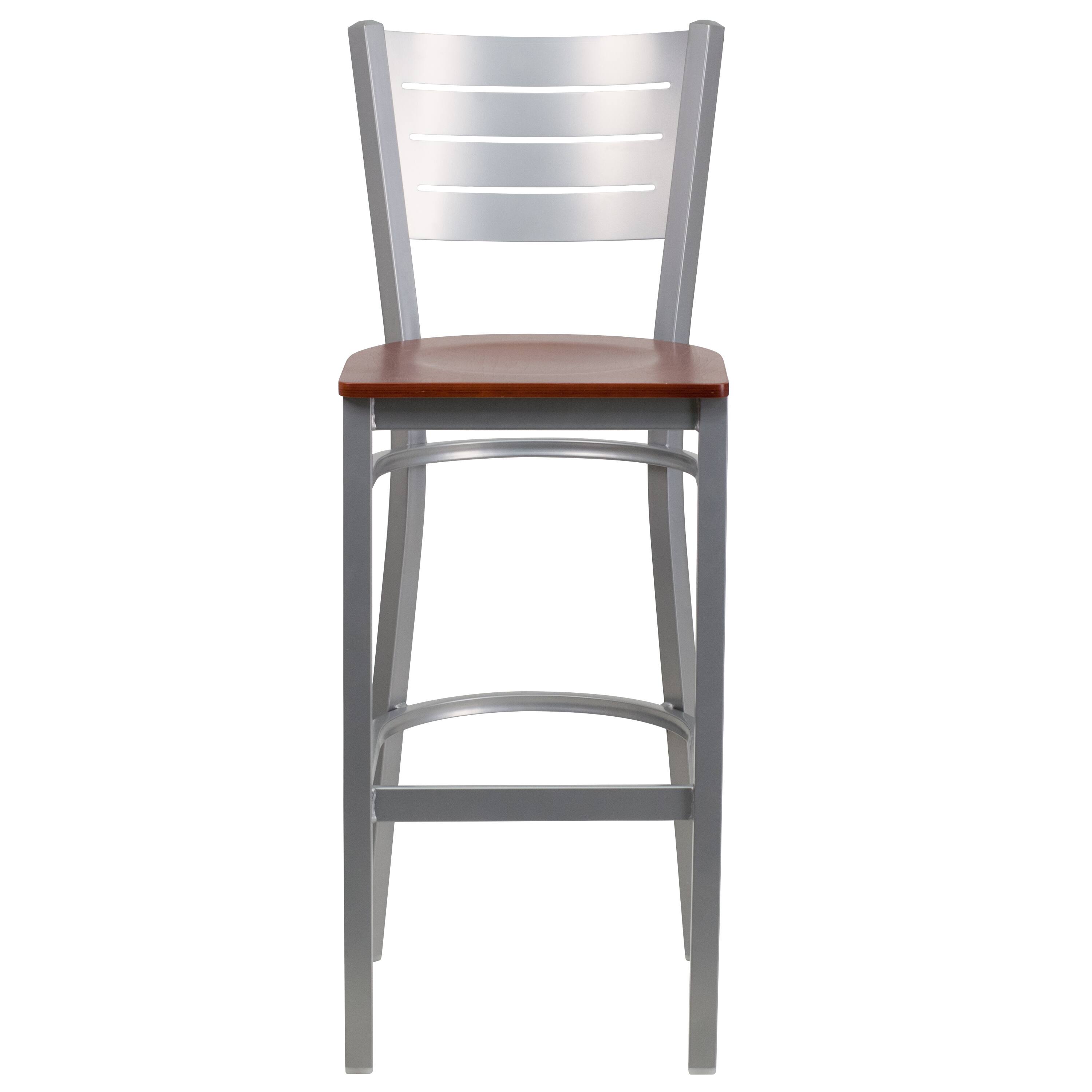 Alt View 4. Emma + Oliver - Silver Slat Back Metal Restaurant Dining Barstool - Cherry Wood Seat/Silver Frame.