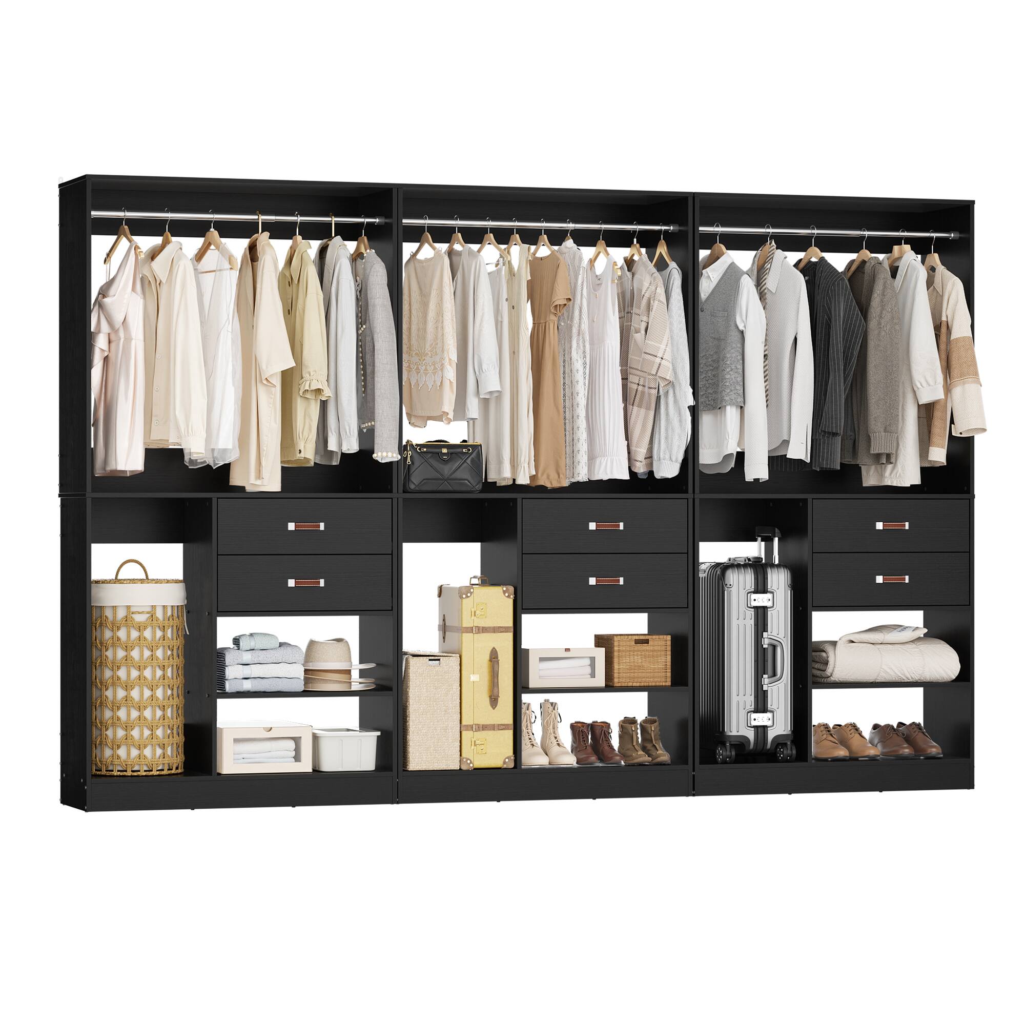 Angle. Aheaplus - 10FT Large Closet Organizer Set of 3, with 6 Drawers, 3 Hanging Rods and Luggage Storage Space - Black.