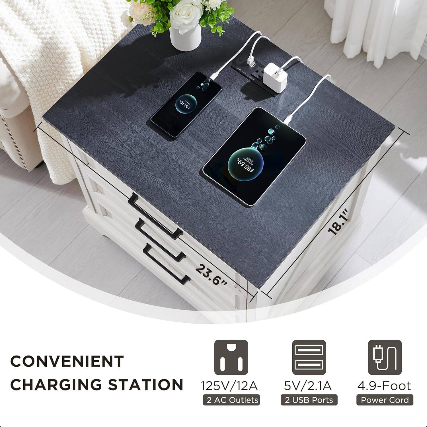 Sure, here is the corrected and grouped text from the image:

---

**CONVENIENT CHARGING STATION**

- **Dimensions:** 23.6" x 18.1"
- **Power Specifications:**
  - 125V/12A
  - 5V/2.1A
- **Features:**
  - 2 AC Outlets
  - 2 USB Ports
  - 4.9-Foot Power Cord

---

This text provides a clear and organized description of the charging station's features and specifications.