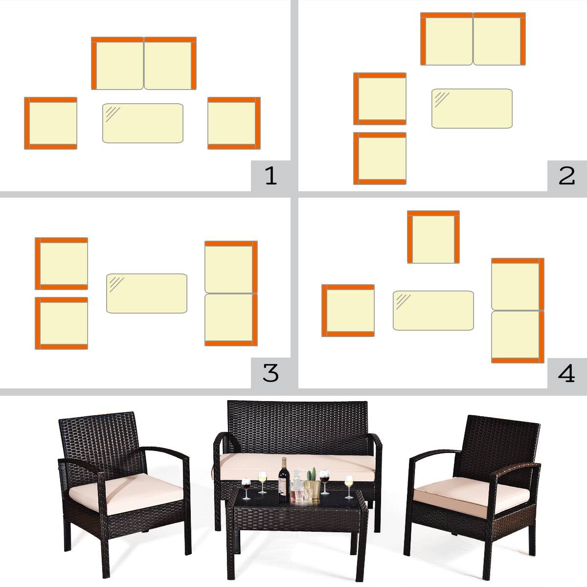 Alt View 7. Gymax - Gymax 8PCS Patio Rattan Set Cushioned Sectional Sofa Glass Table - as pics.