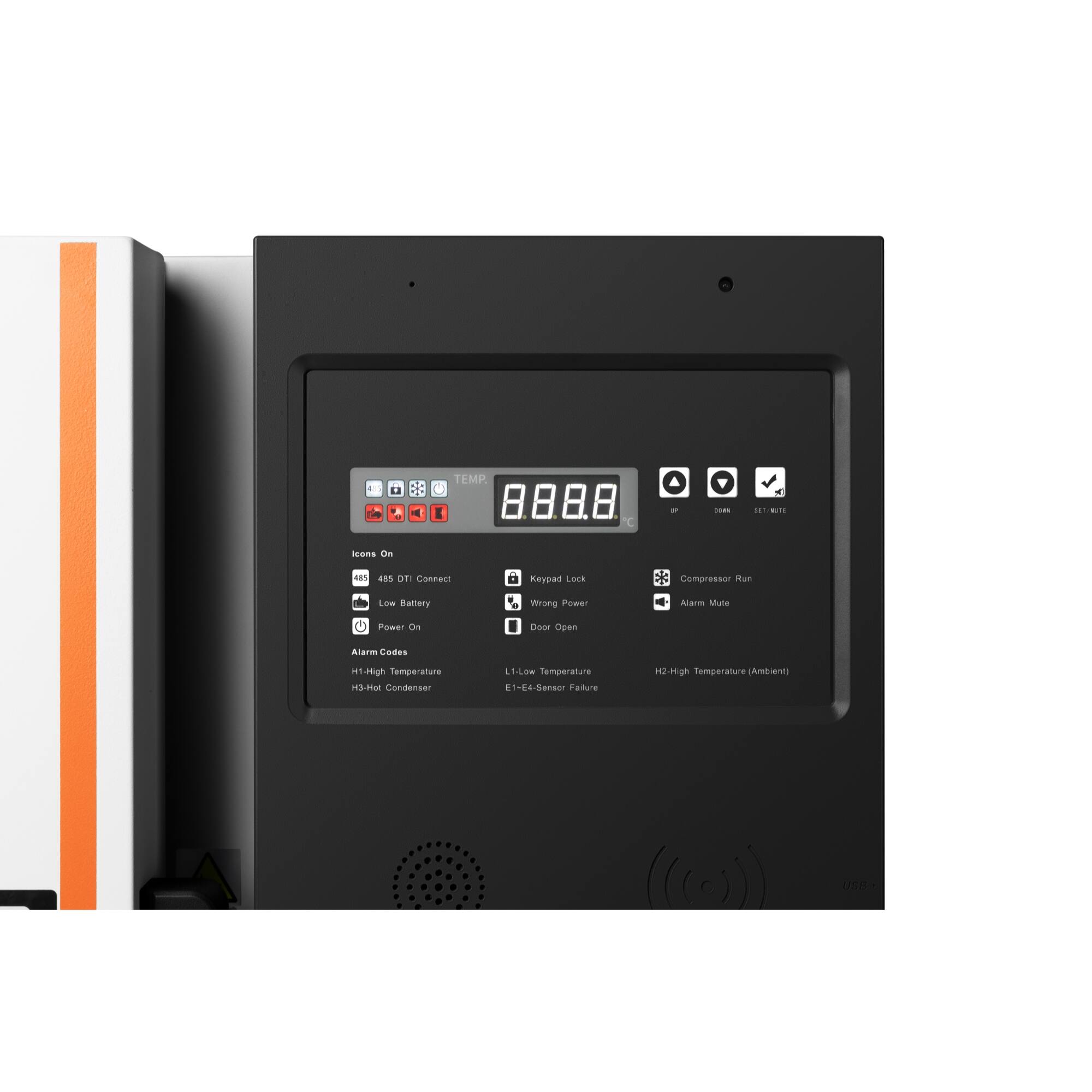 L1-Low Temperature
L2-High Temperature
H1-Hot Condenser
H2-High Temperature (Ambient)
Alarm Codes
485 DT1 Connect
Keypad Lock
Compressor Run
Alarm Mute
Low Battery
Wrong Power
Door Open
Power On
Icons On