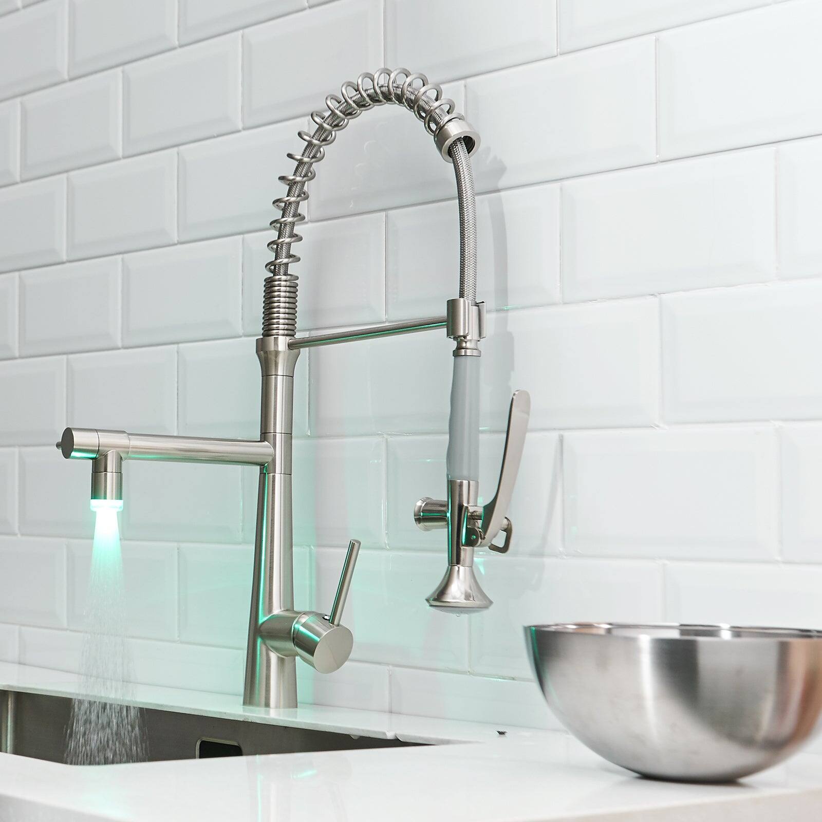 Alt View 5. Boyel Living - Contemporary Single Handle Pull Down Sprayer Kitchen Faucet with LED in Brushed Nickel - Brushed Nickel.