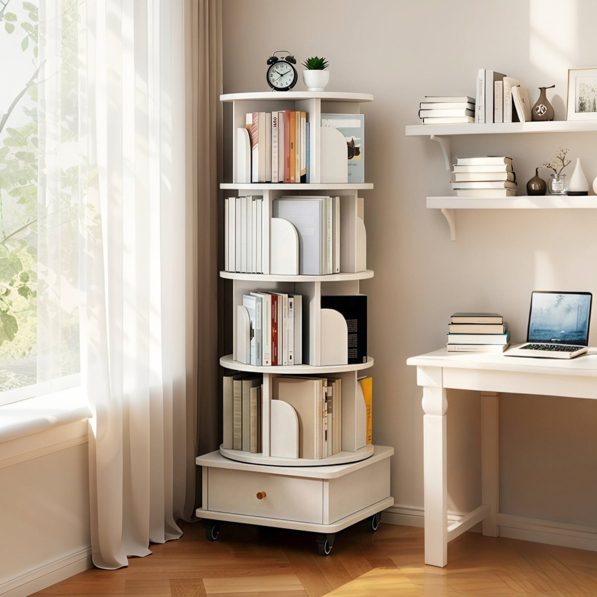 Alt View 1. GOODSILO - 5 Tier Rotating Display Shelf with Wheels for Compact Spaces in Home and Office - White.