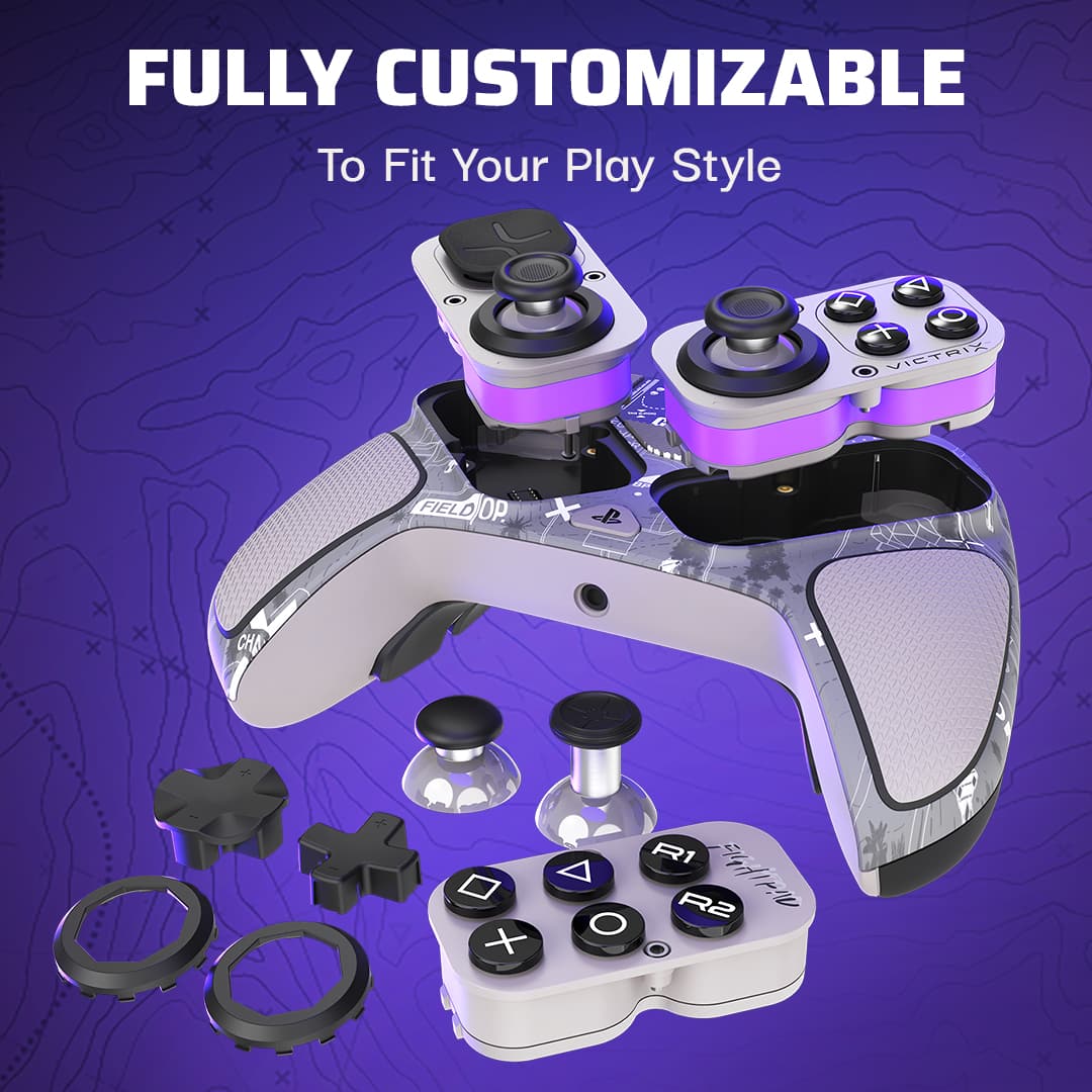 The text on the image reads "FULLY CUSTOMIZABLE To Fit Your Play Style X t VIGTRIZ FIELD OP. A CHA + x R1 FGH 4 FdIA R2 PIID + O O." This text is likely meant to describe the customizable features of the gaming controller, which can be tailored to suit the user's preferences and play style.