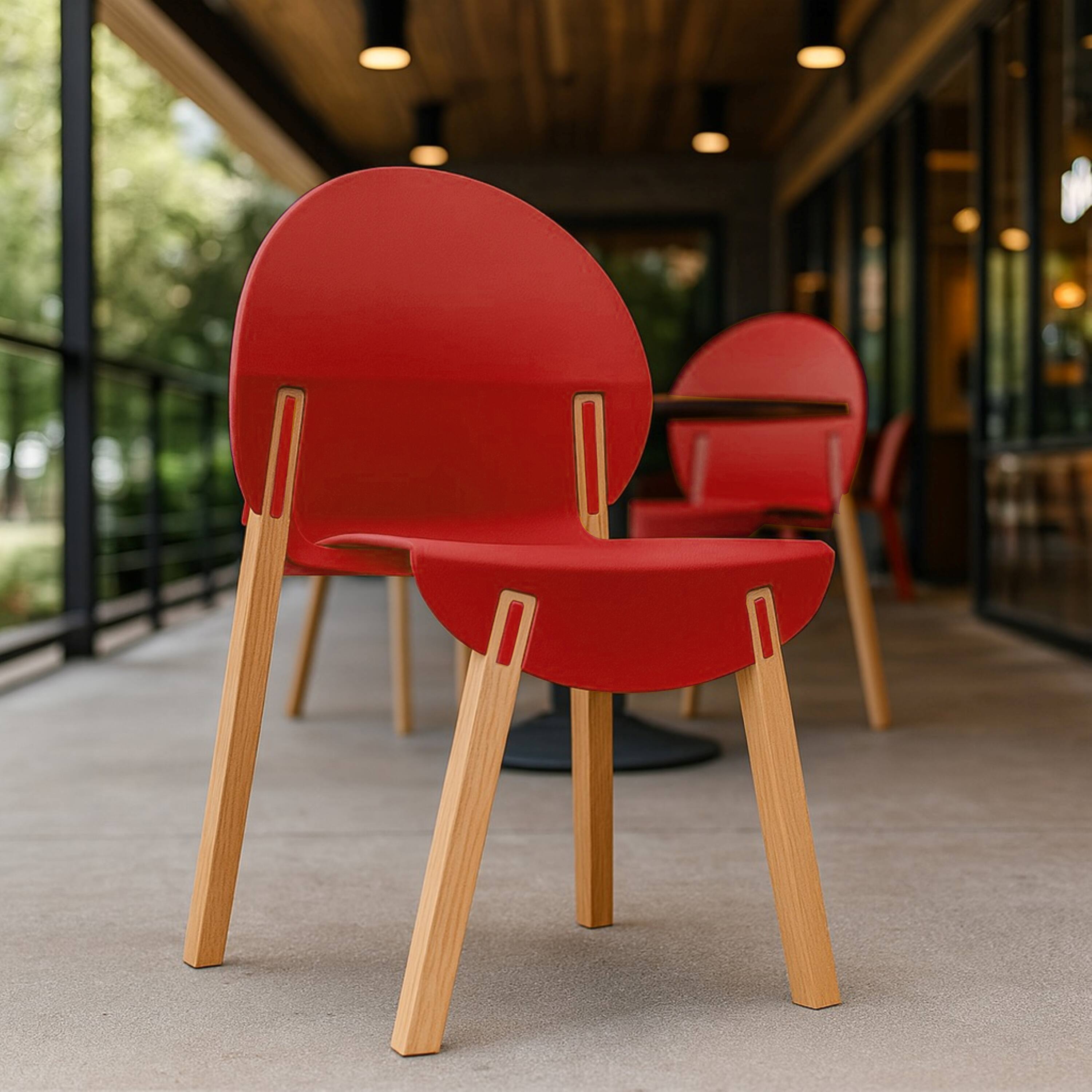 Angle. Mondawe - 4-Pack Crimson Chairs – Red Oak Wood Legs & PP Seat - Red.