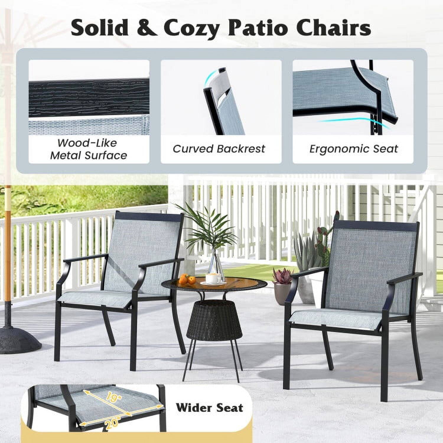 Solid & Cozy Patio Chairs  
Wood-Like Metal Surface  
Curved Backrest  
Ergonomic Seat  
Wider Seat