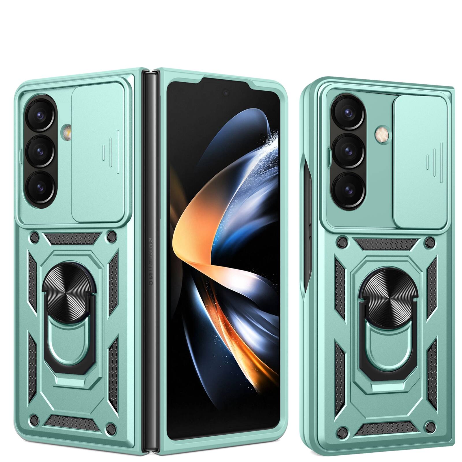 Front. Dteck - Ring Stand Cover for Samsung Galaxy Z Fold 8 Ultra with Slide Lens Protection, Magnetic Car Mount Holder PC TPU Cover - Green.