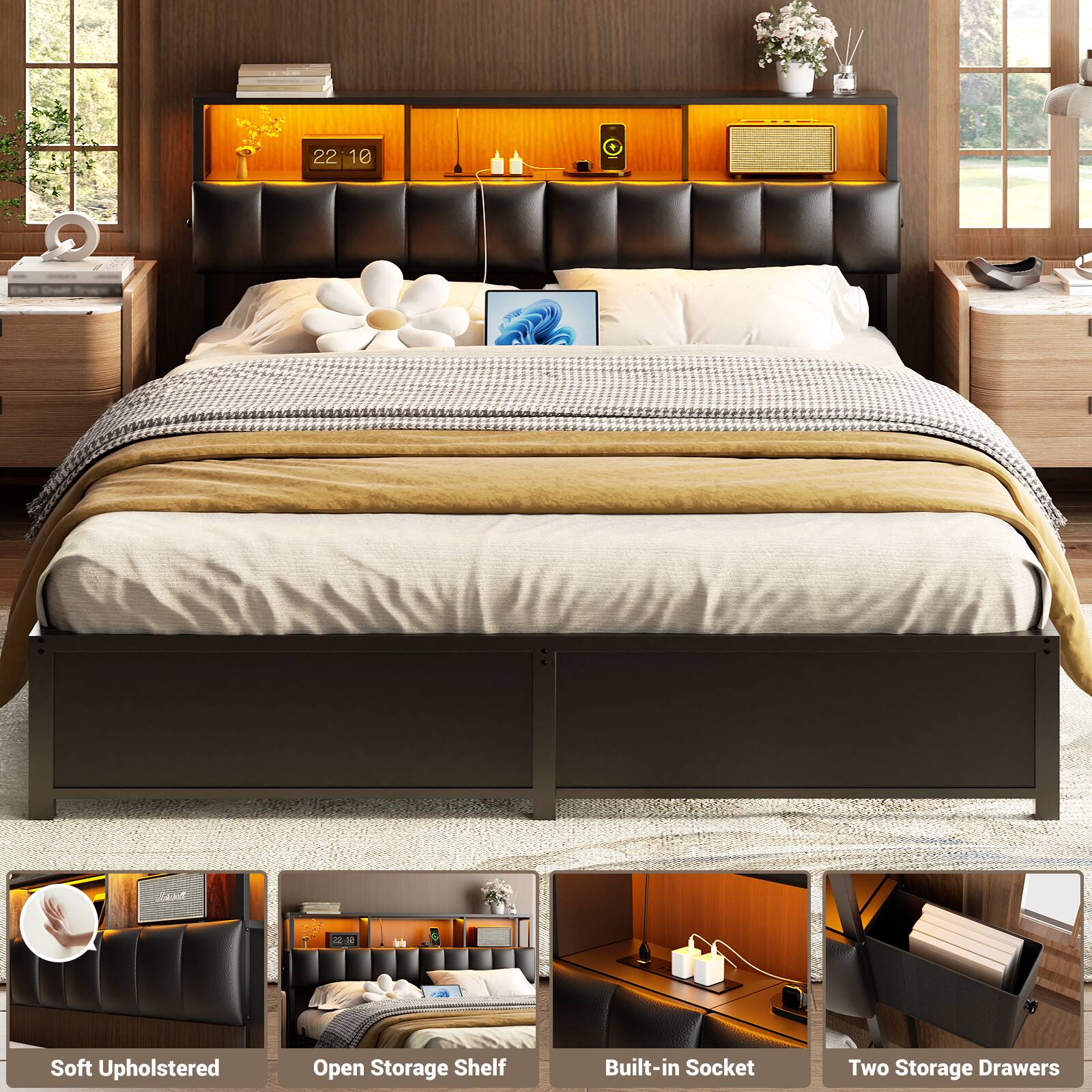 22 10 4  
2N Soft Upholstered Open Storage Shelf Built-in Socket Two Storage Drawers