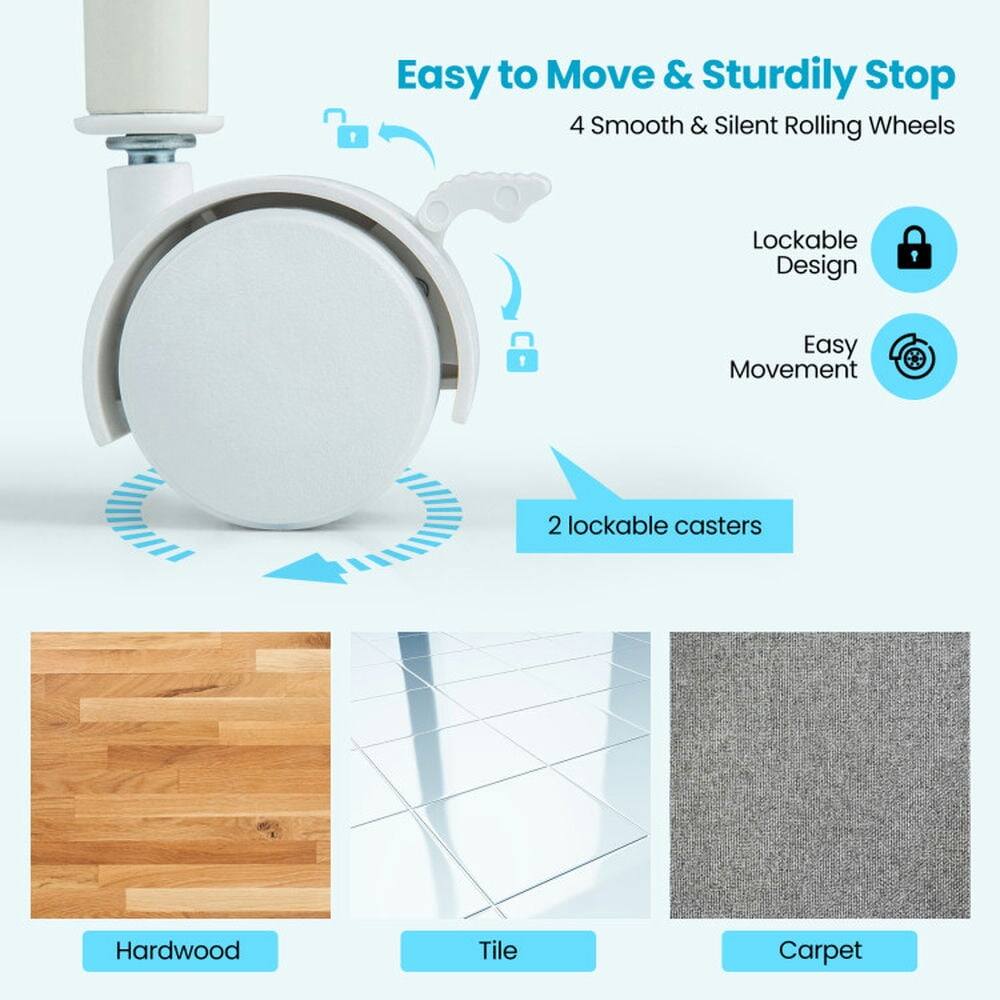 Easy to Move & Sturdily Stop  
4 Smooth & Silent Rolling Wheels  
Lockable Design  
Easy Movement  
2 lockable casters  
Hardwood Tile Carpet