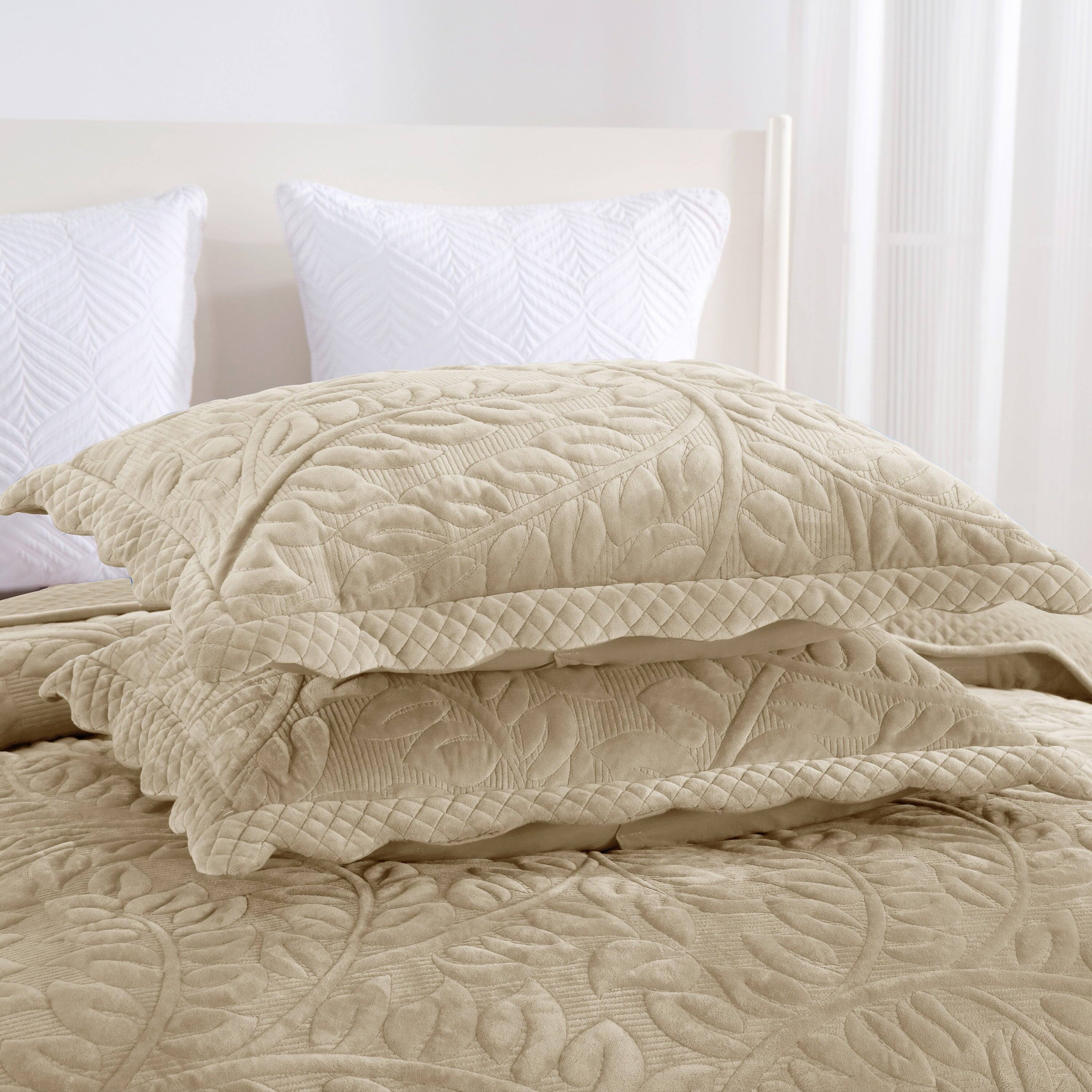 Alt View 1. MarCielo - Marcielo 3Pc Luxury Velvet Oversized Embroidery Soft and Plush Quilt Set - Beige Khaki.