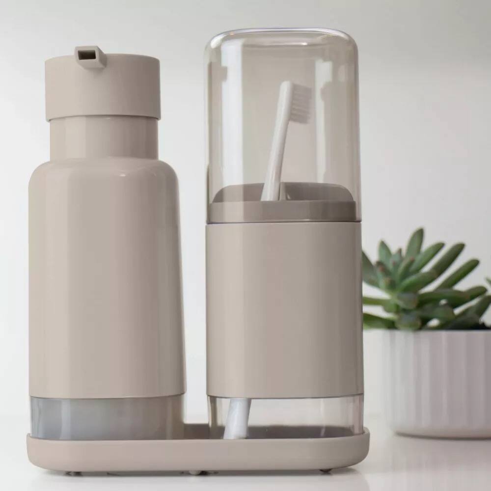 Left. OU - OU Soap Dispenser & Toothbrush Holder, Dual Bathroom Set 17oz Soap Dispenser, Nonslip Brush Holder - Beige - Beige.
