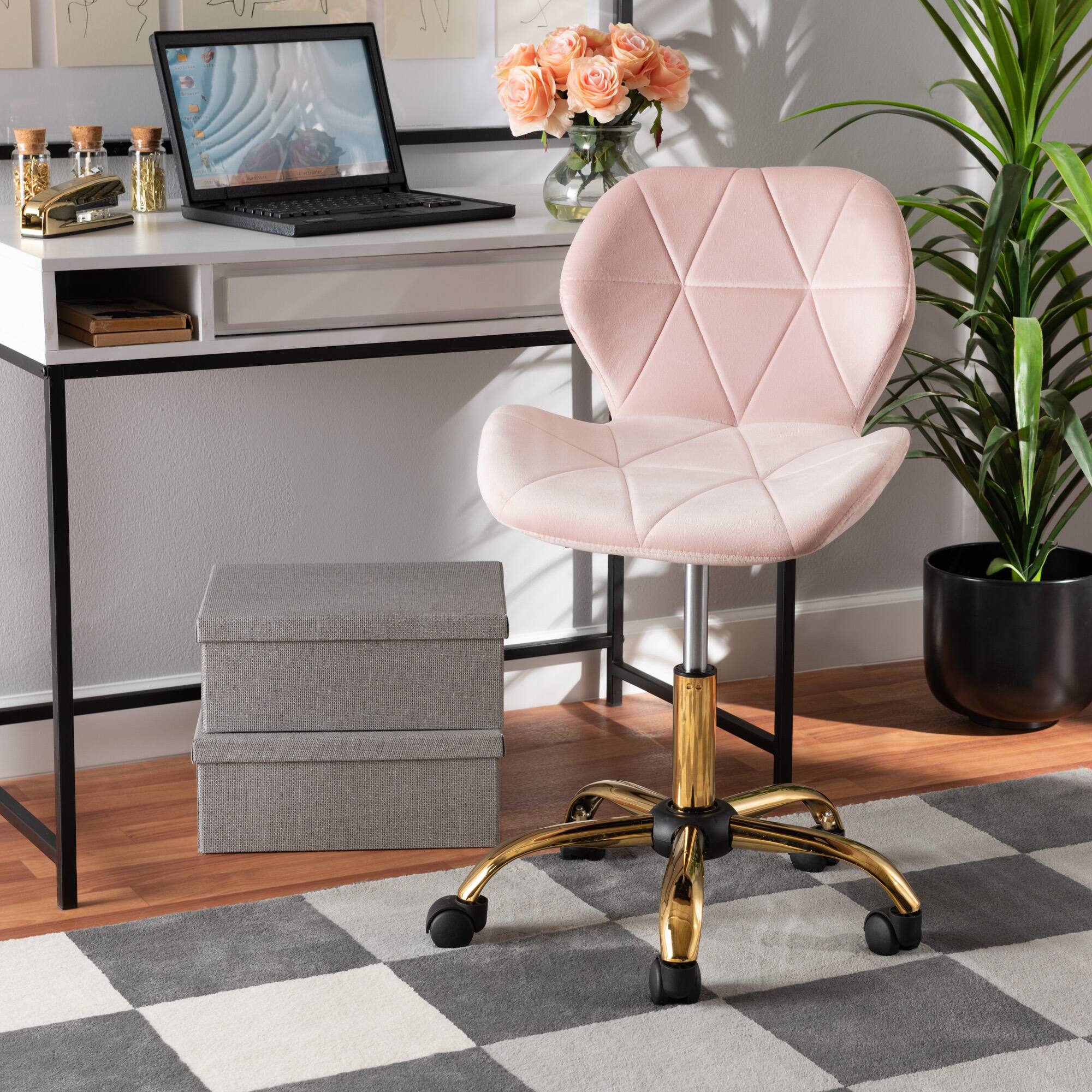 Alt View 6. Baxton Studio - Savara Contemporary Glam and Luxe Velvet Fabric and Metal Swivel Office Chair - Blush Pink/Gold.