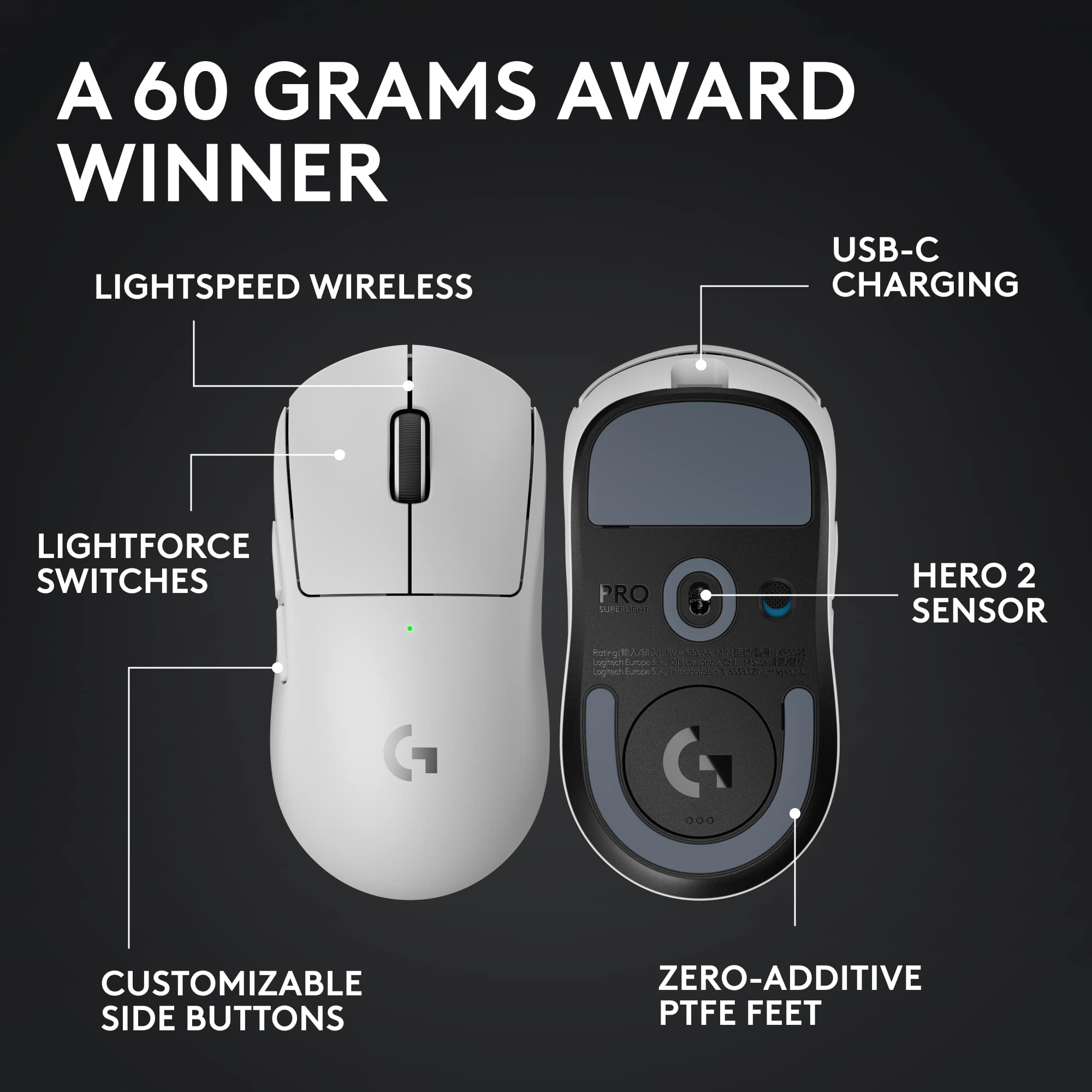 A 60 GRAMS AWARD WINNER
USB-C CHARGING
LIGHTSPEED WIRELESS
LIGHTFORCE SWITCHES
HERO 2 SENSOR
CUSTOMIZABLE SIDE BUTTONS
ZERO-ADDITIVE PTFE FEET