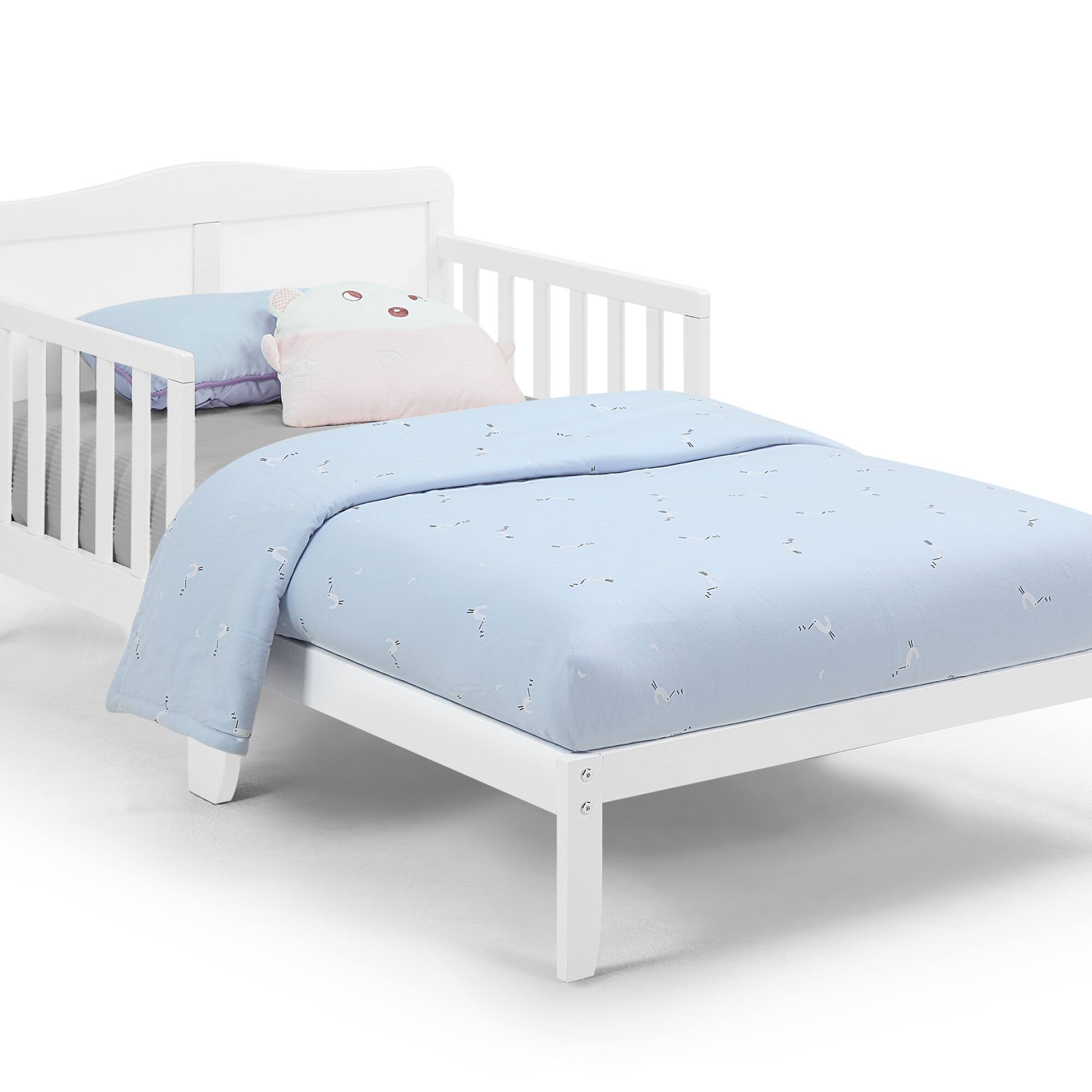Angle. GOODSILO - Solid Wood Toddler Bed with Safety Rails and Low-Profile Design for Secure Sleeping Environment - White.