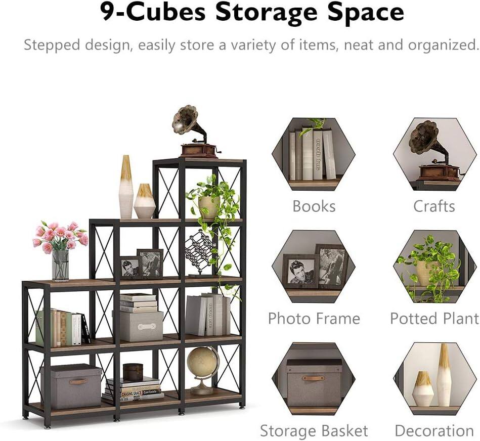 Tribesigns Industrial Bookshelf with Storage Shelves, Wood Grain Finish ...